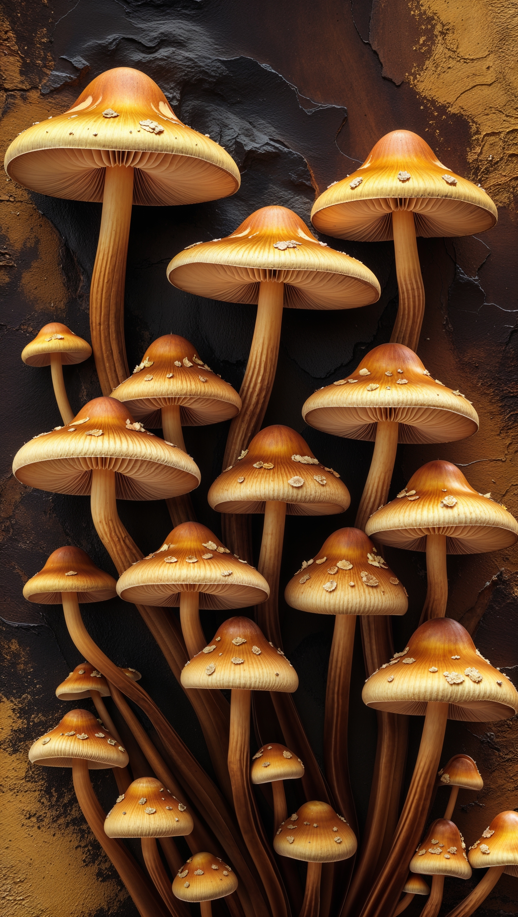 iPhone wallpaper with golden mushrooms on a dark background