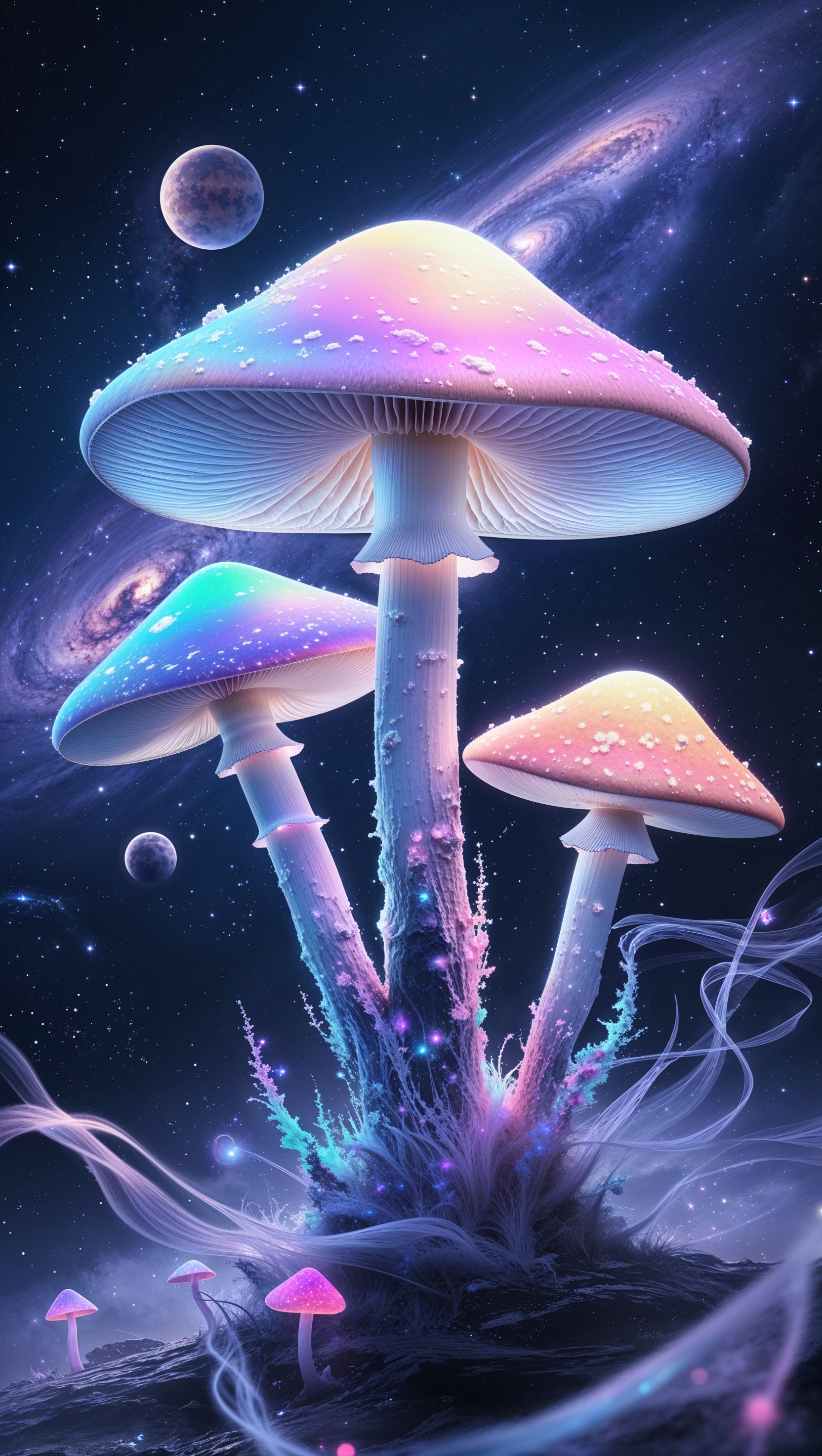 iPhone wallpaper with giant mushrooms in an imaginary space