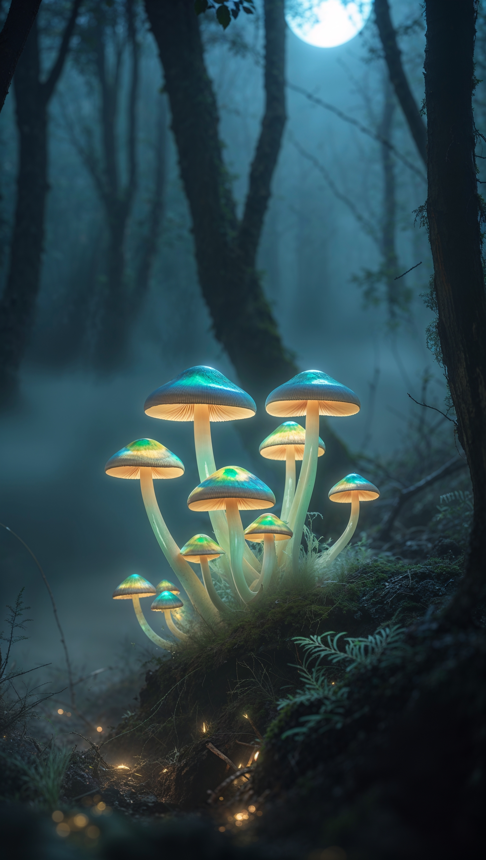 iPhone wallpaper with glowing mushrooms in foggy night