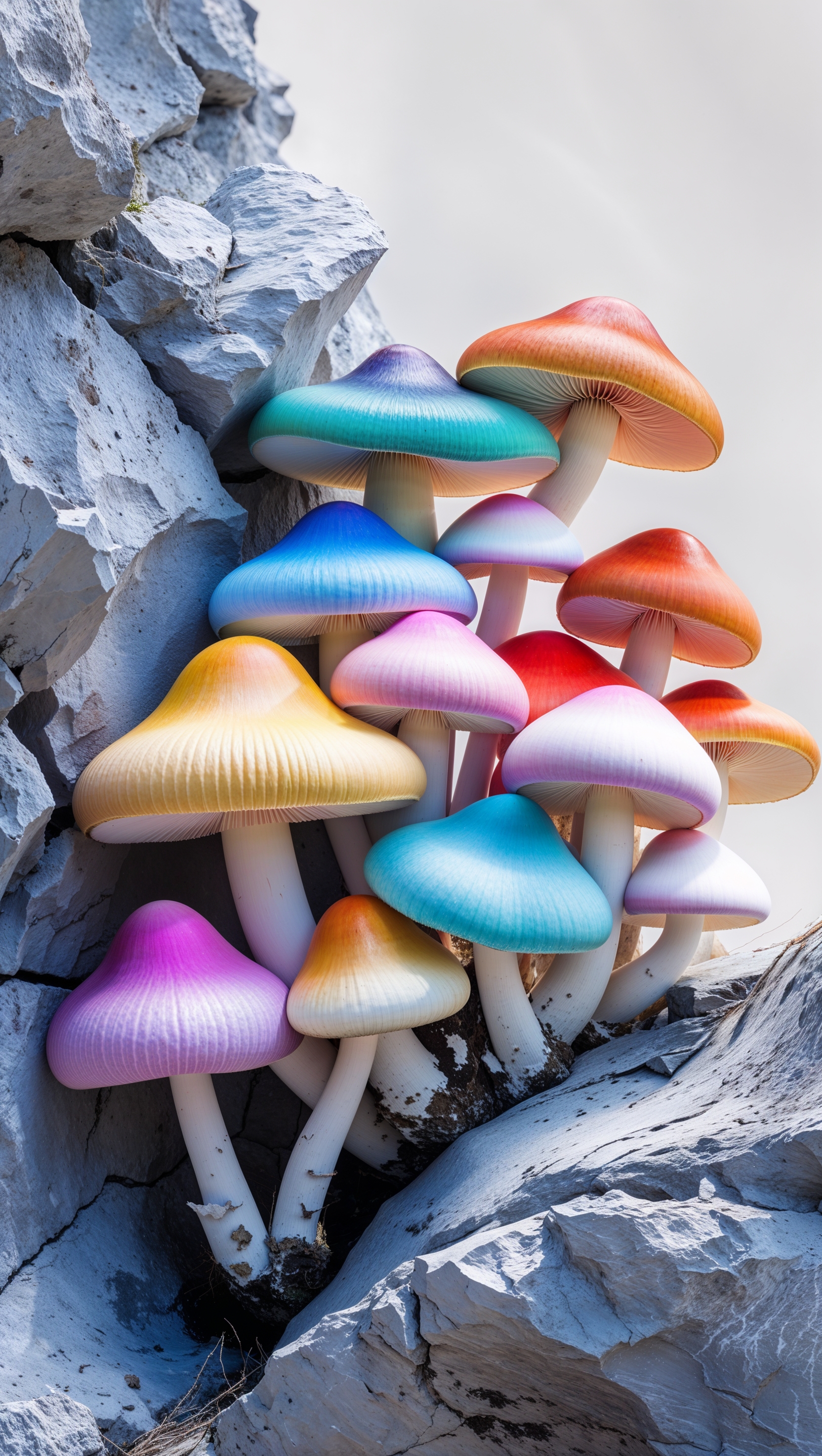 iPhone wallpaper with colorful mushrooms on a rocky surface