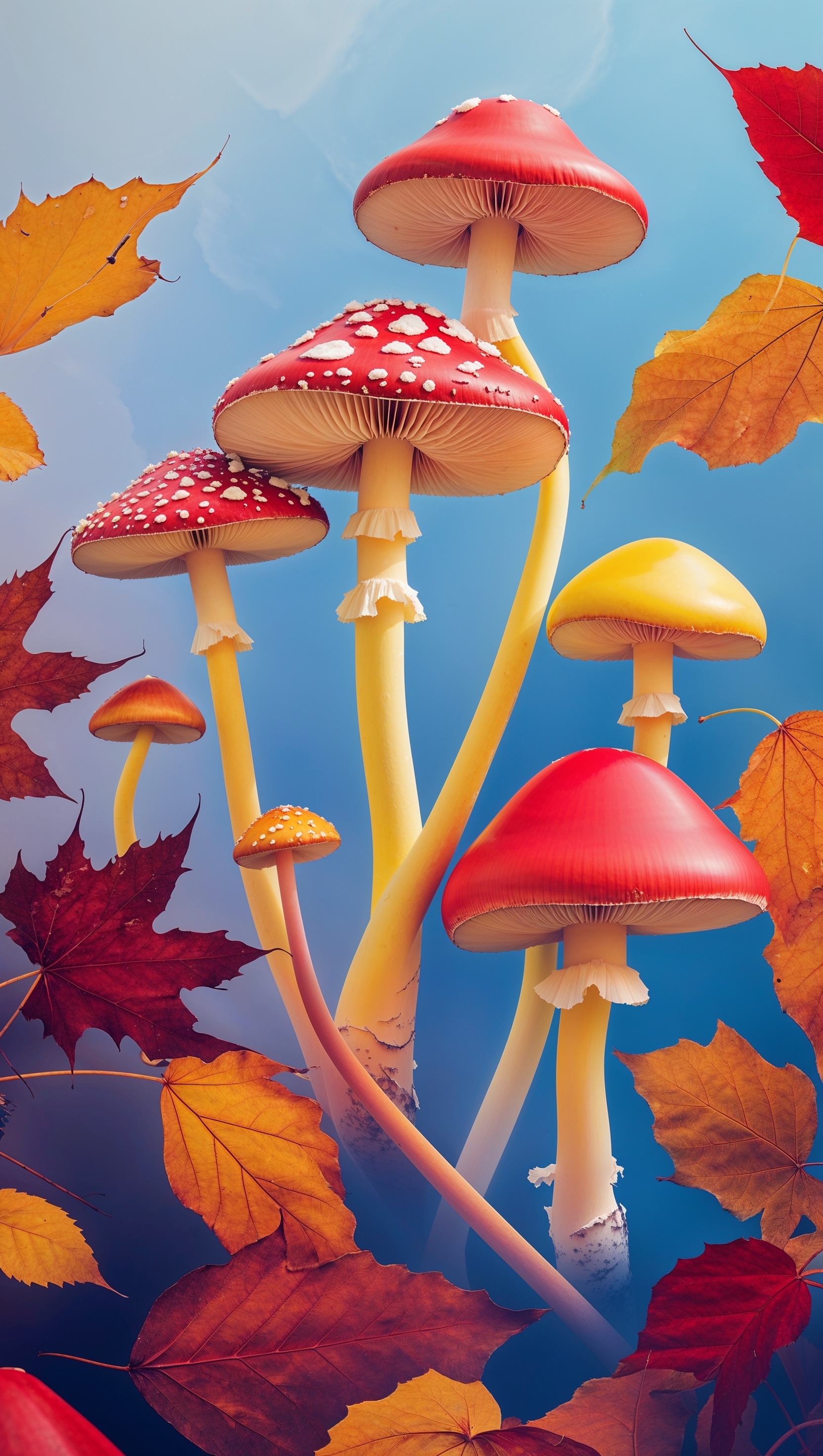iPhone wallpaper with colorful mushrooms and autumn leaves