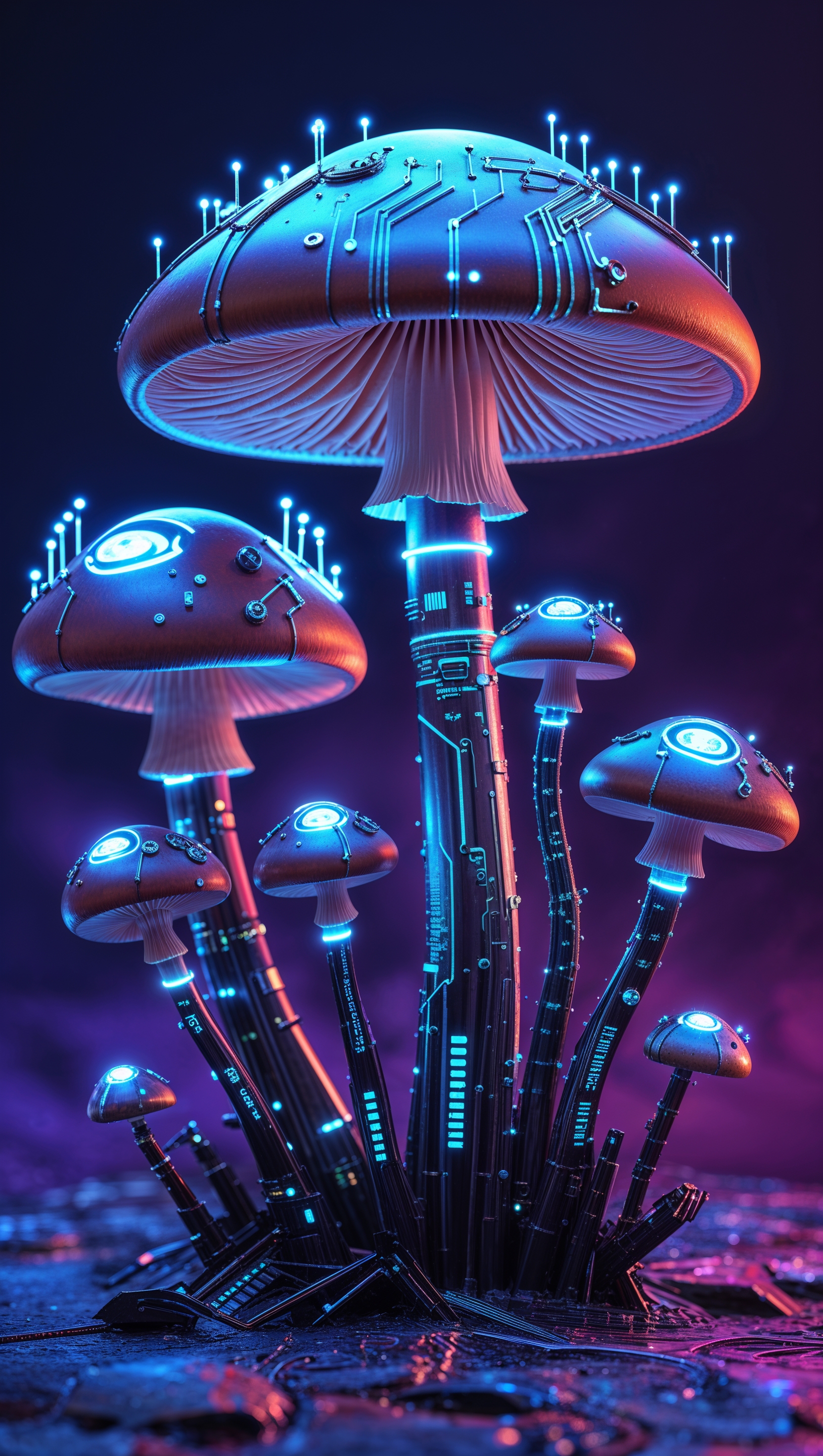 iPhone wallpaper with robotic and cybernetic mushrooms