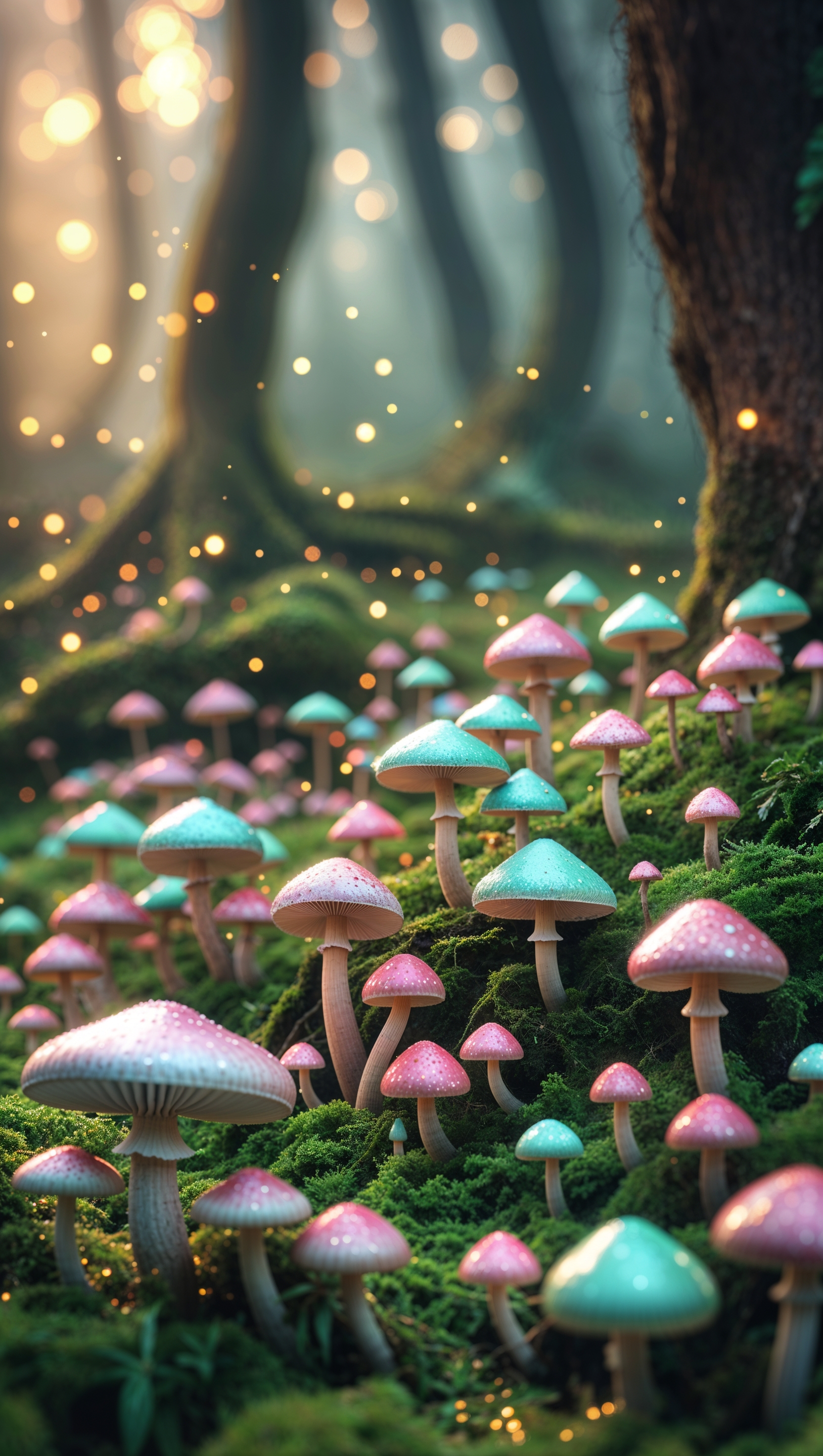 iPhone wallpaper with tiny mushrooms in an enchanted forest