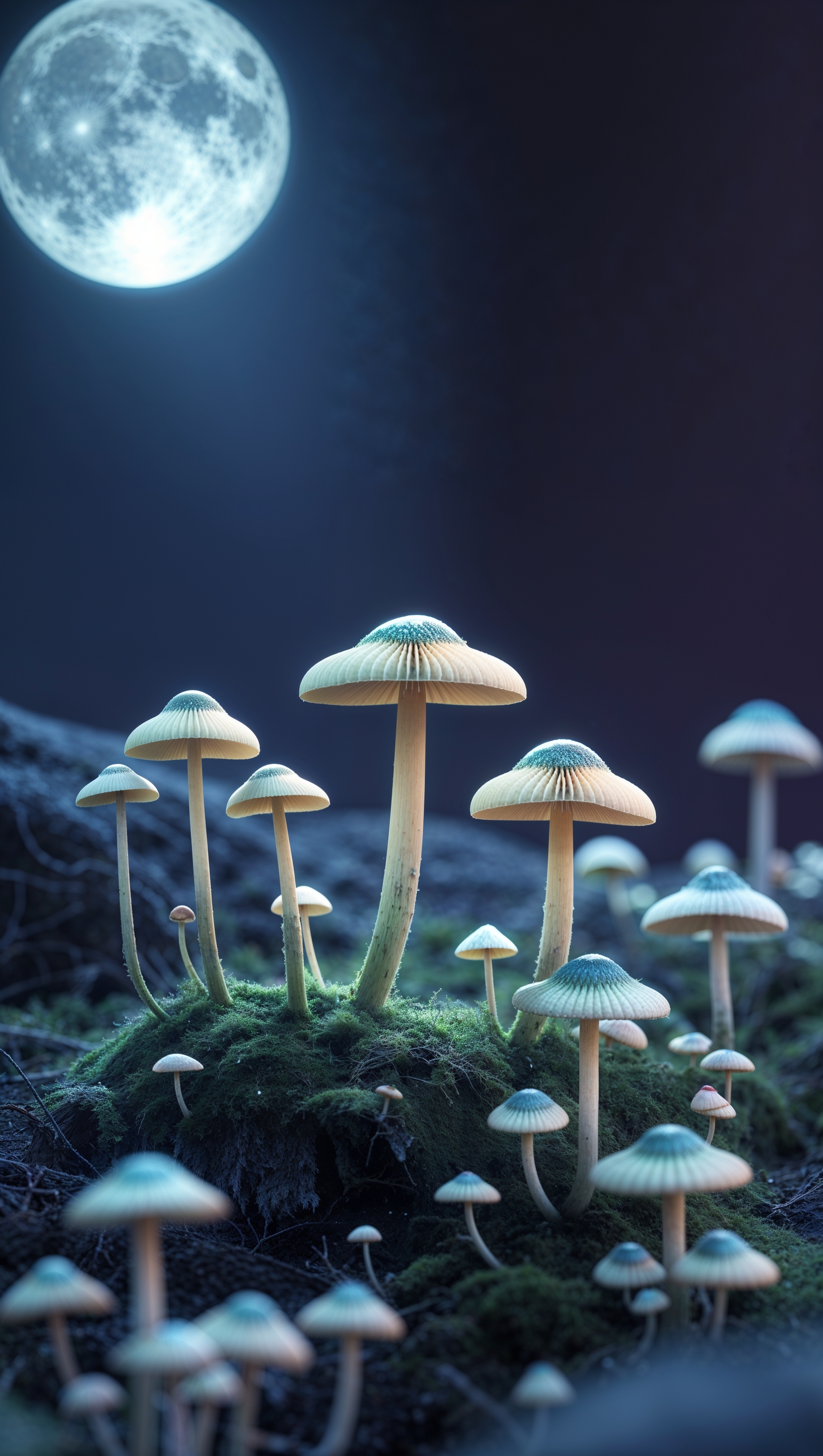 iPhone wallpaper with tiny mushrooms under moonlight