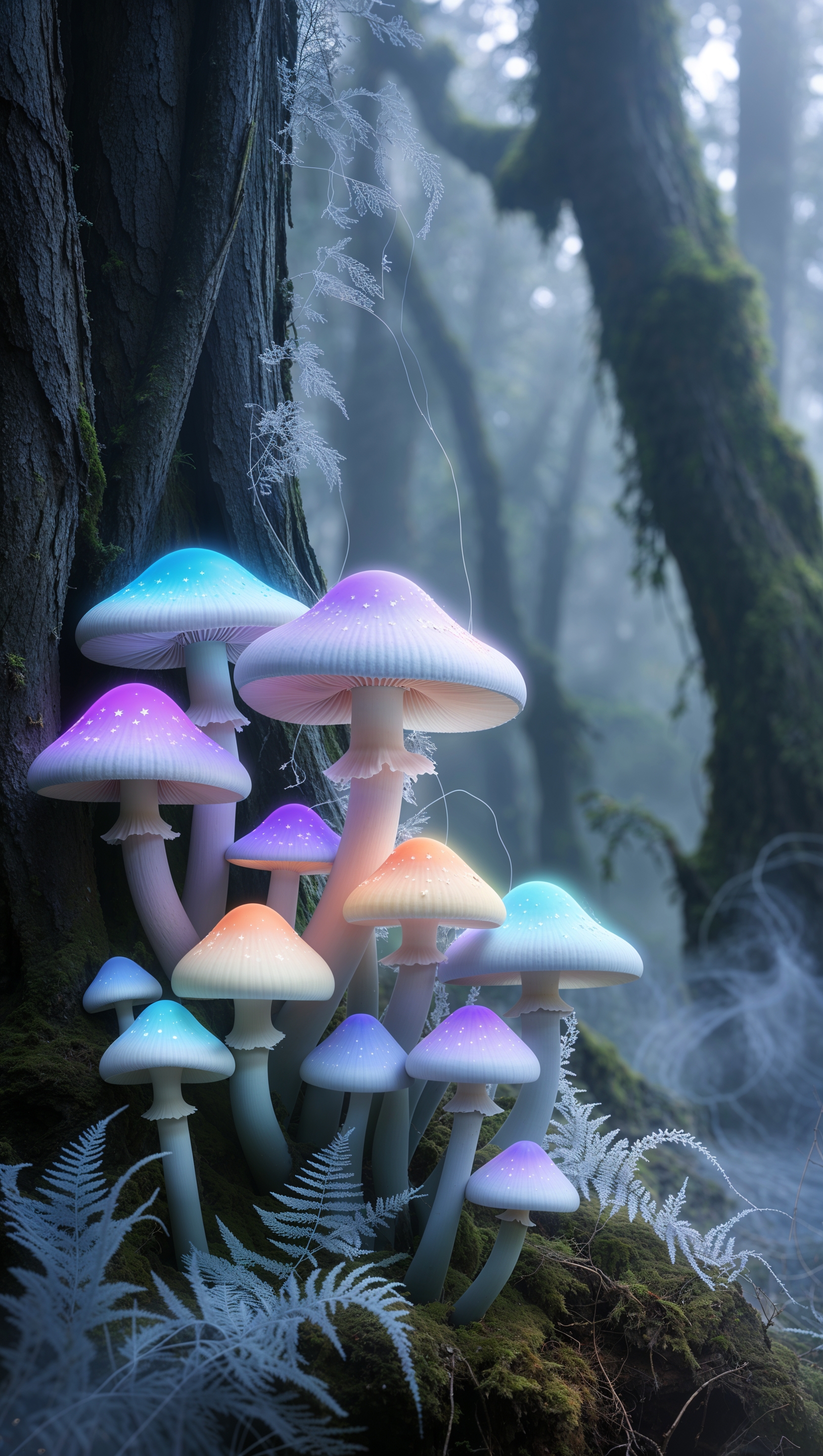 fantasy mushrooms in a misty forest for iPhone wallpaper