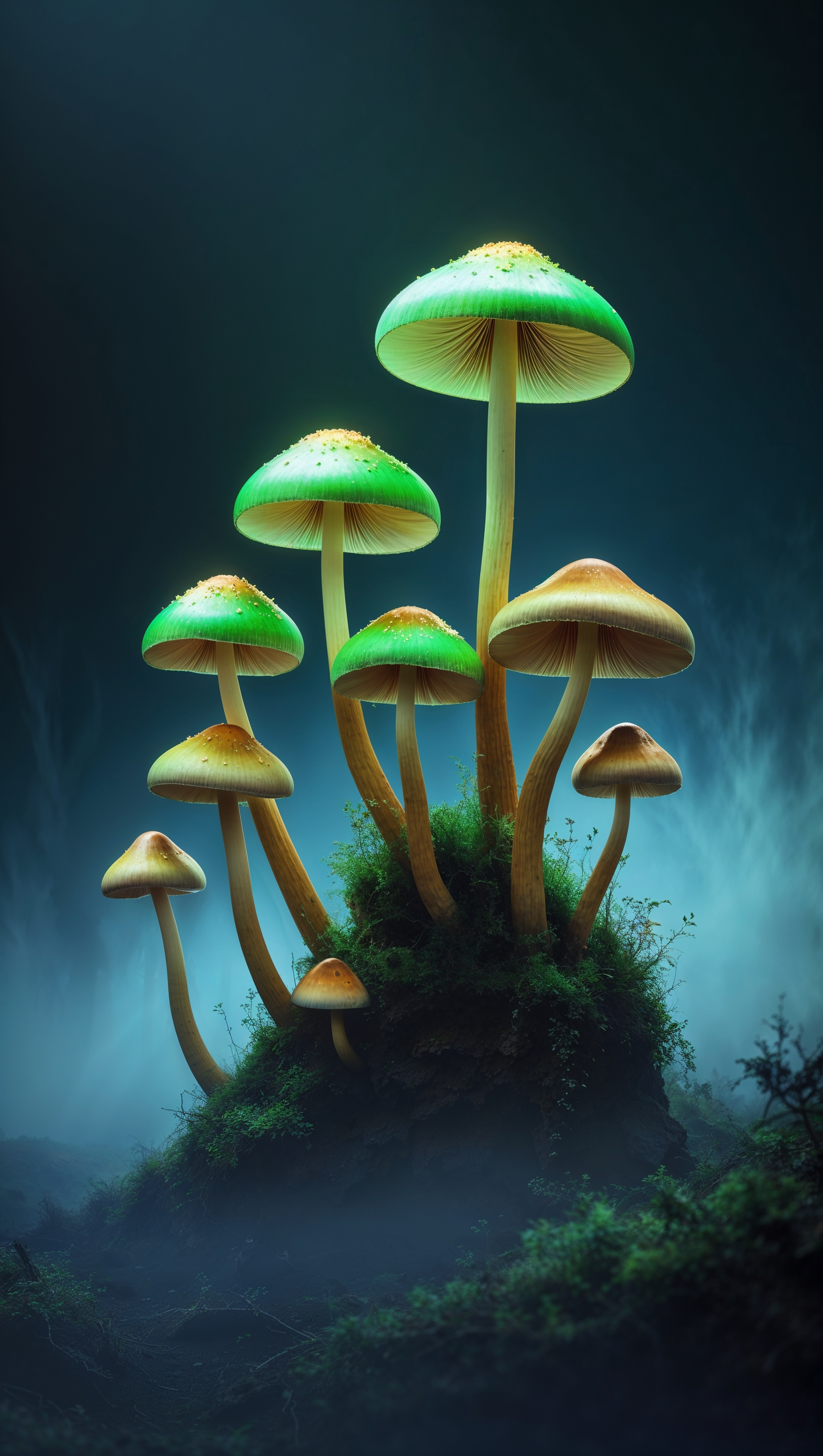 iPhone wallpaper with green and golden mushrooms on dark background