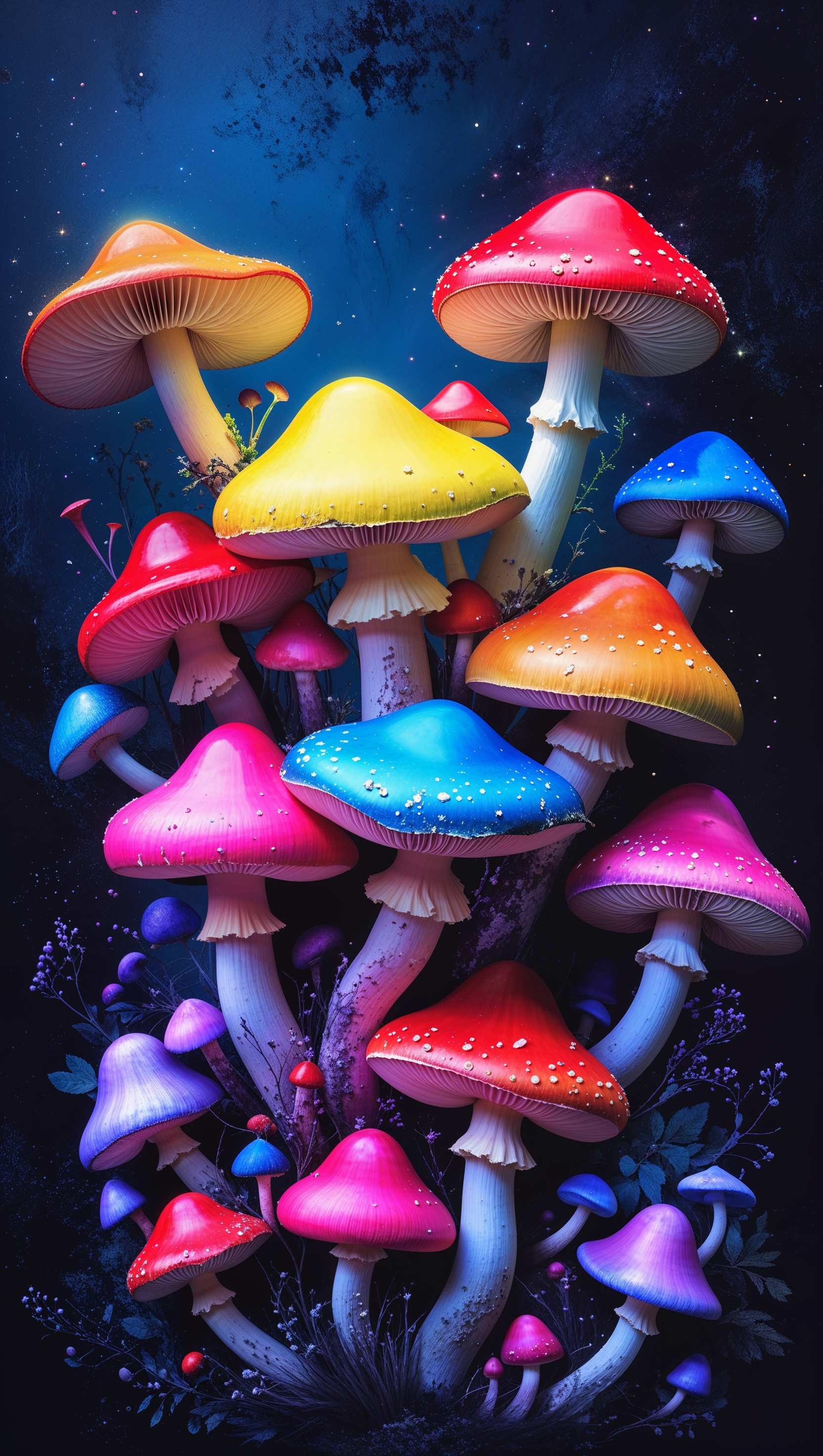 iPhone wallpaper with colorful mushrooms on a dark background