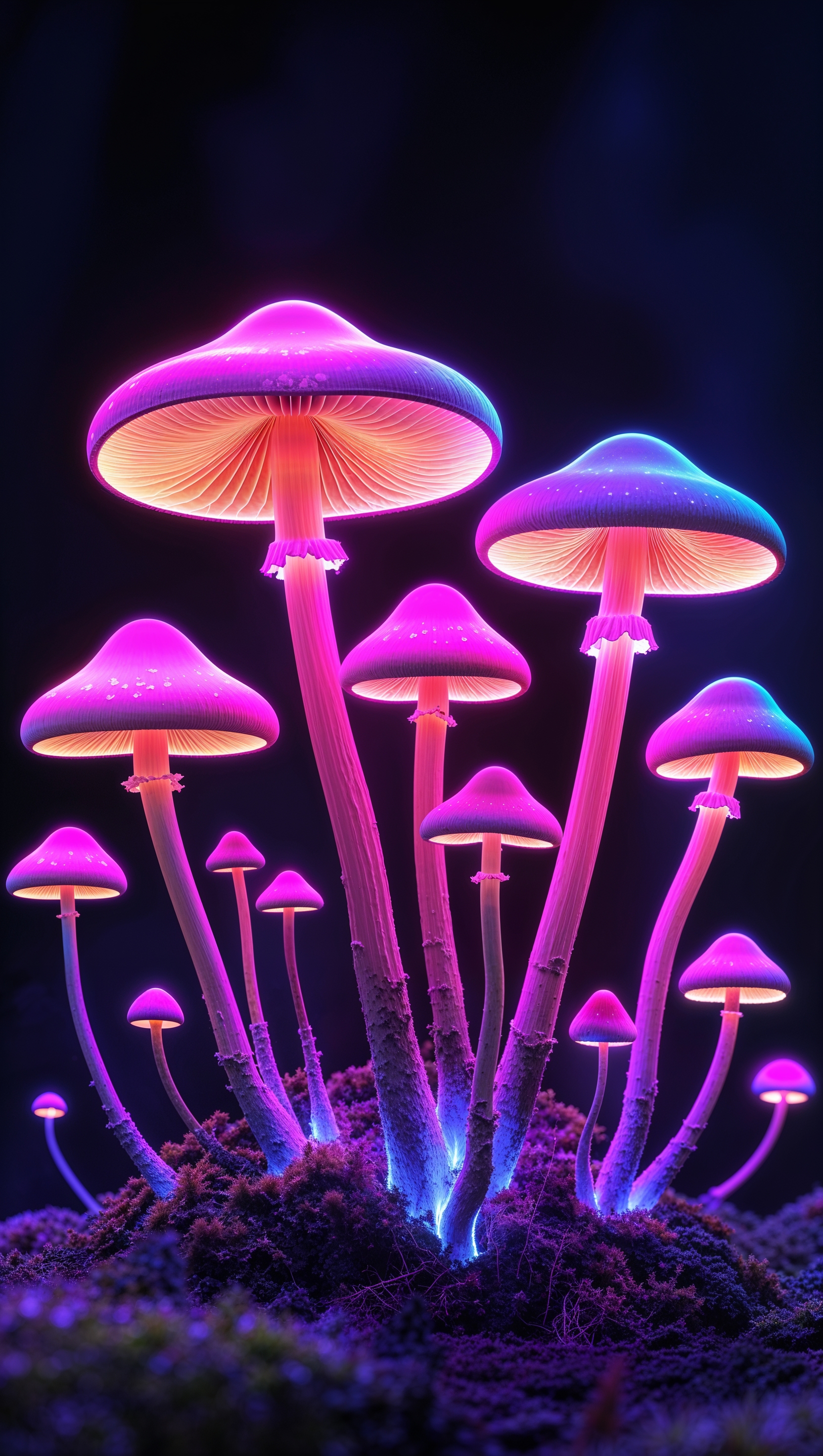 iPhone wallpaper with neon mushrooms on black background