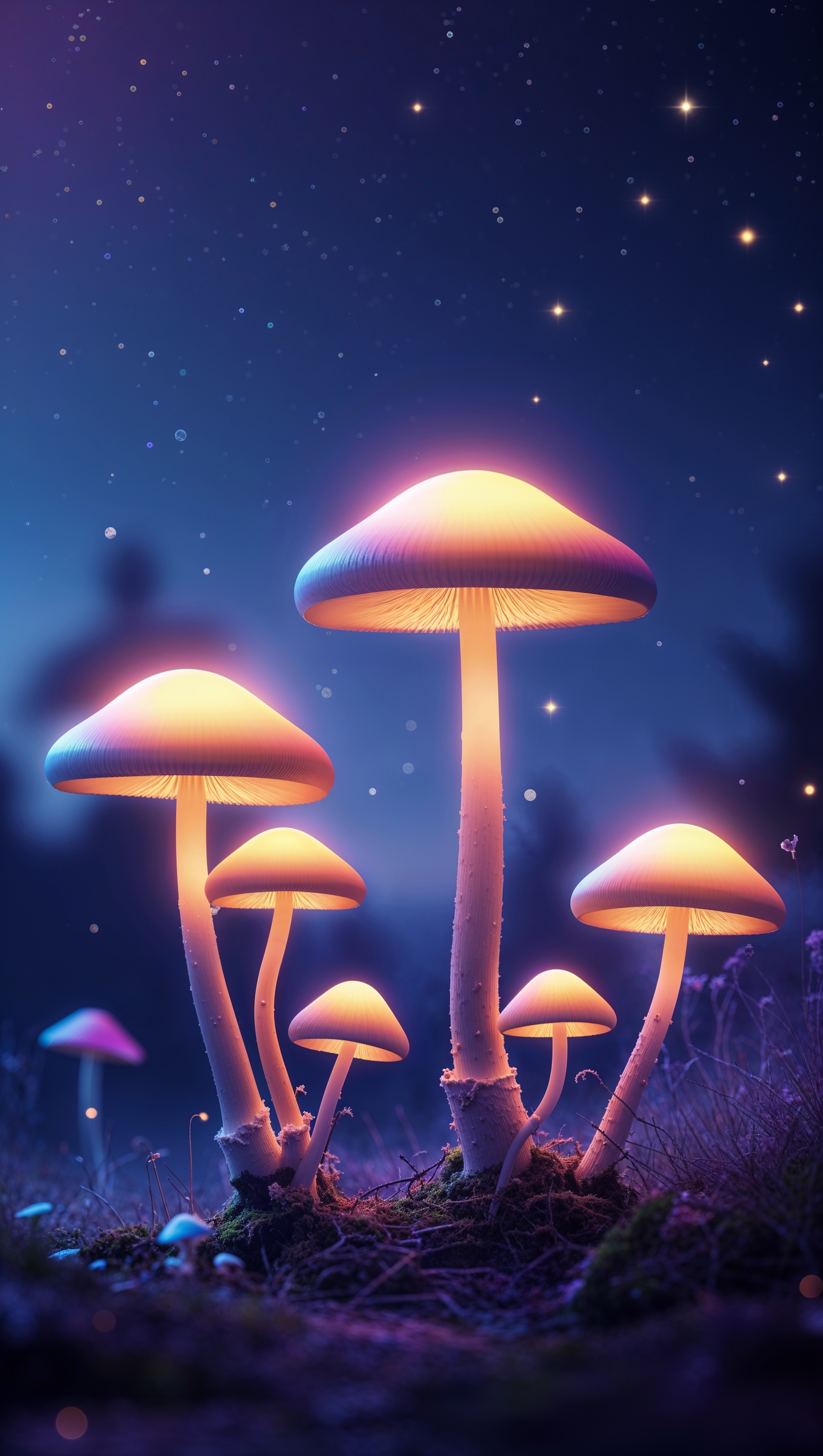 iPhone wallpaper with glowing mushrooms and night light effect
