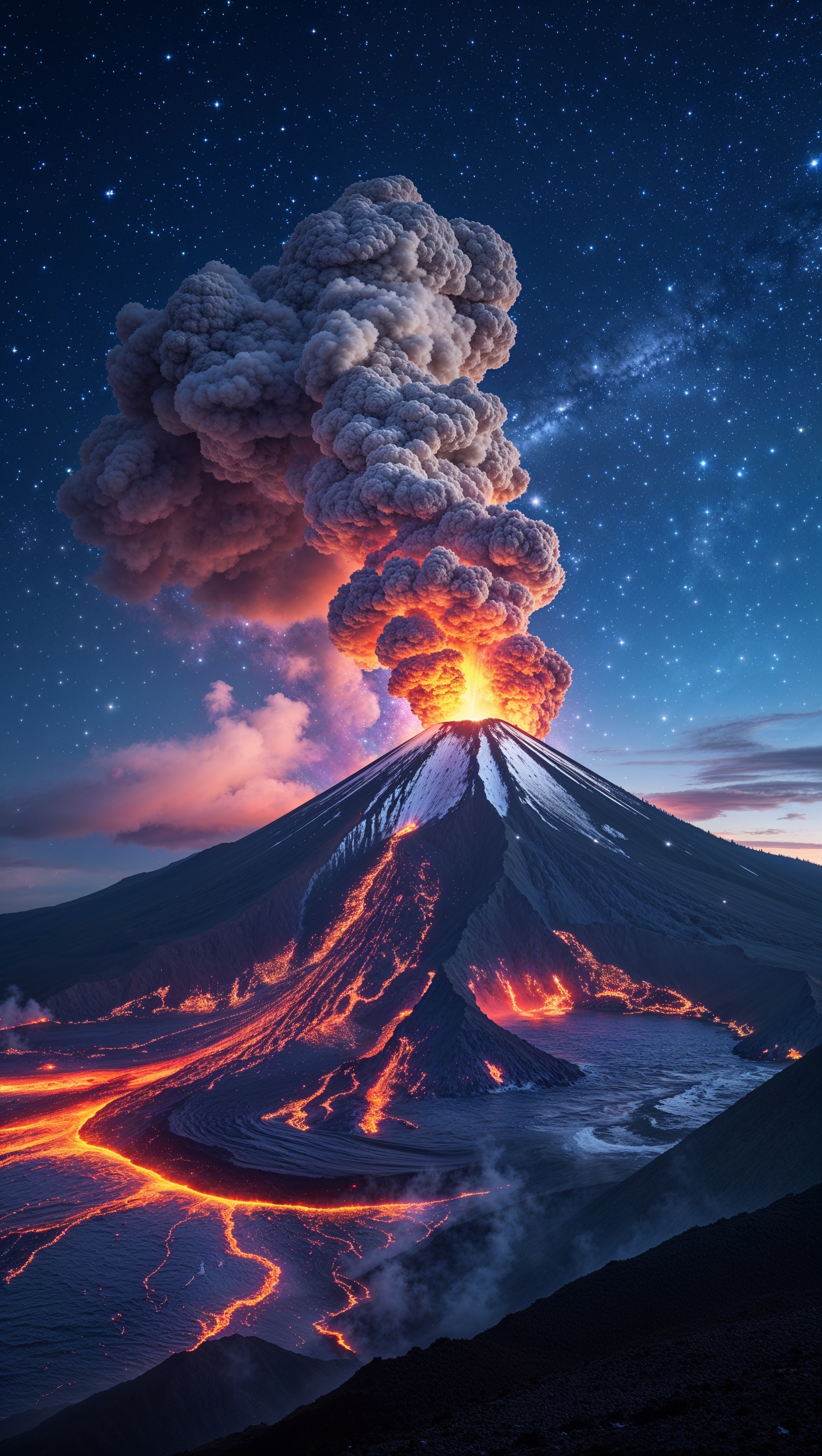 Active volcano at night with a starry sky