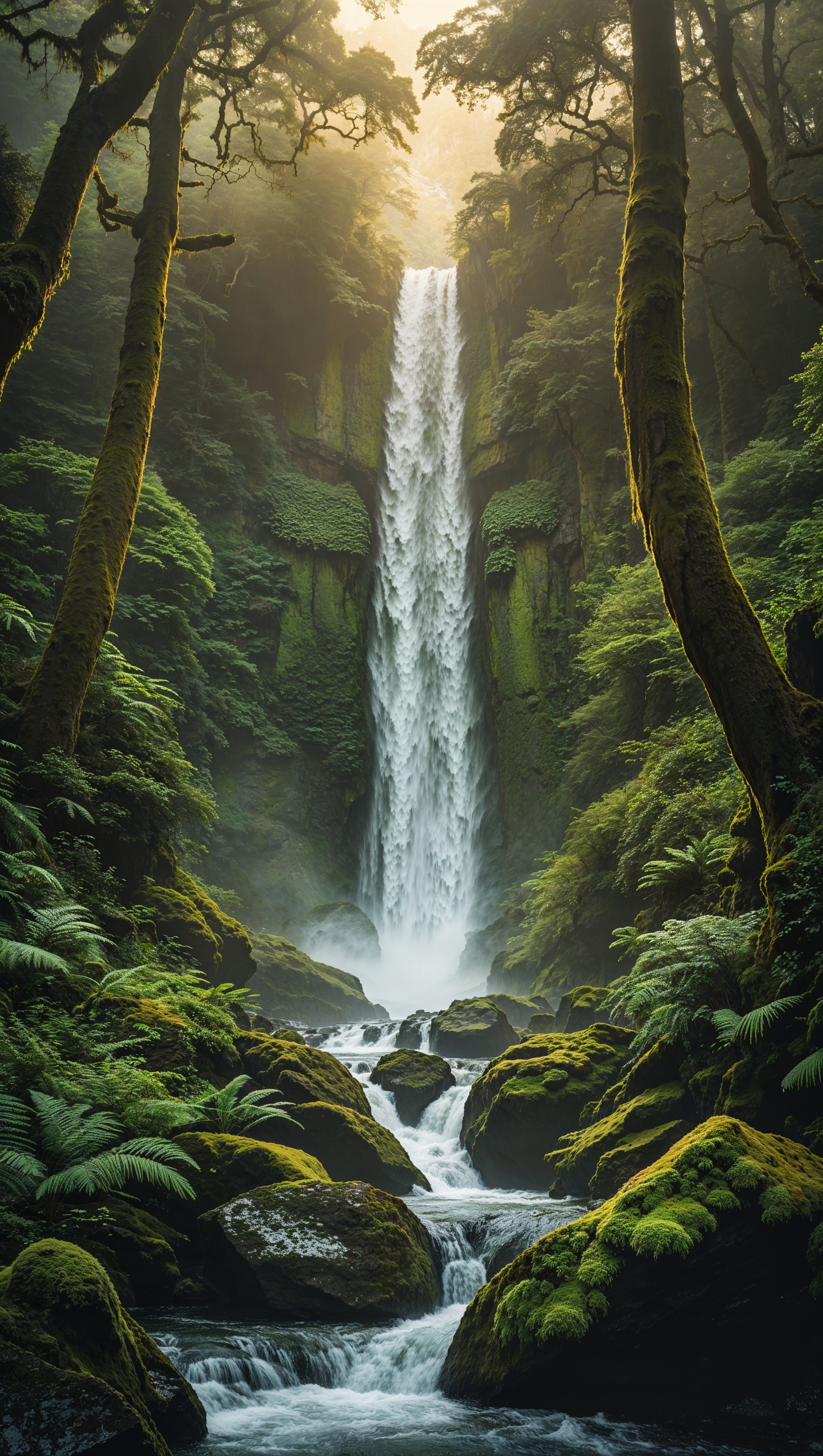 Tall waterfall deep in a lush forest