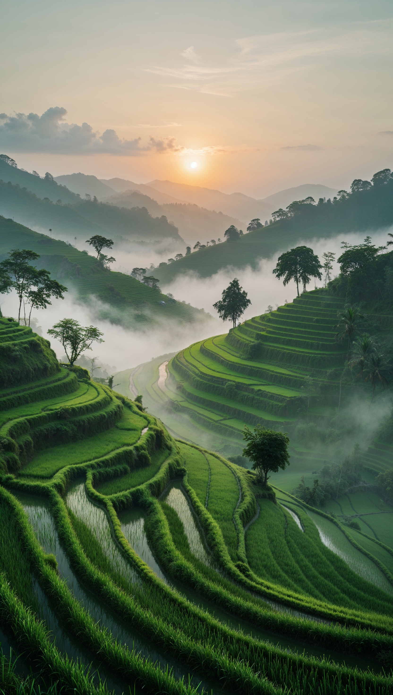 Morning mist over terraced rice fields