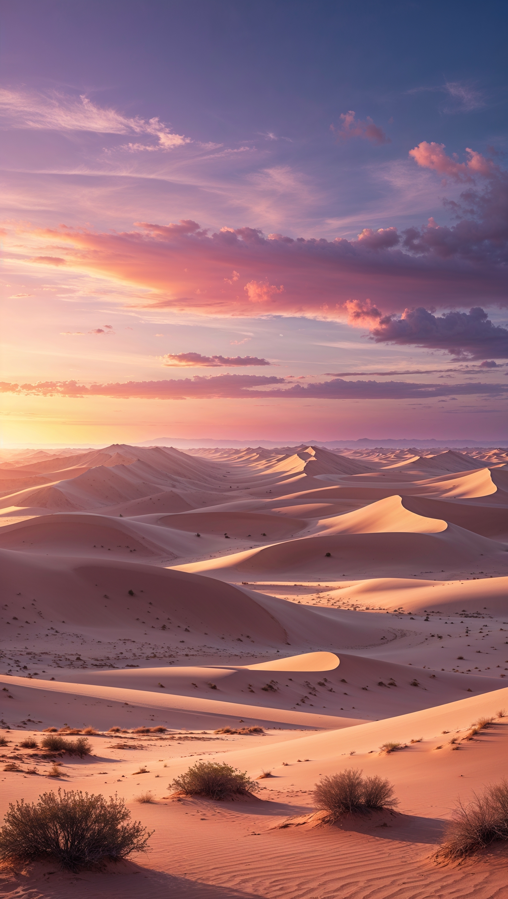 Desert landscape with sand dunes at sunset
