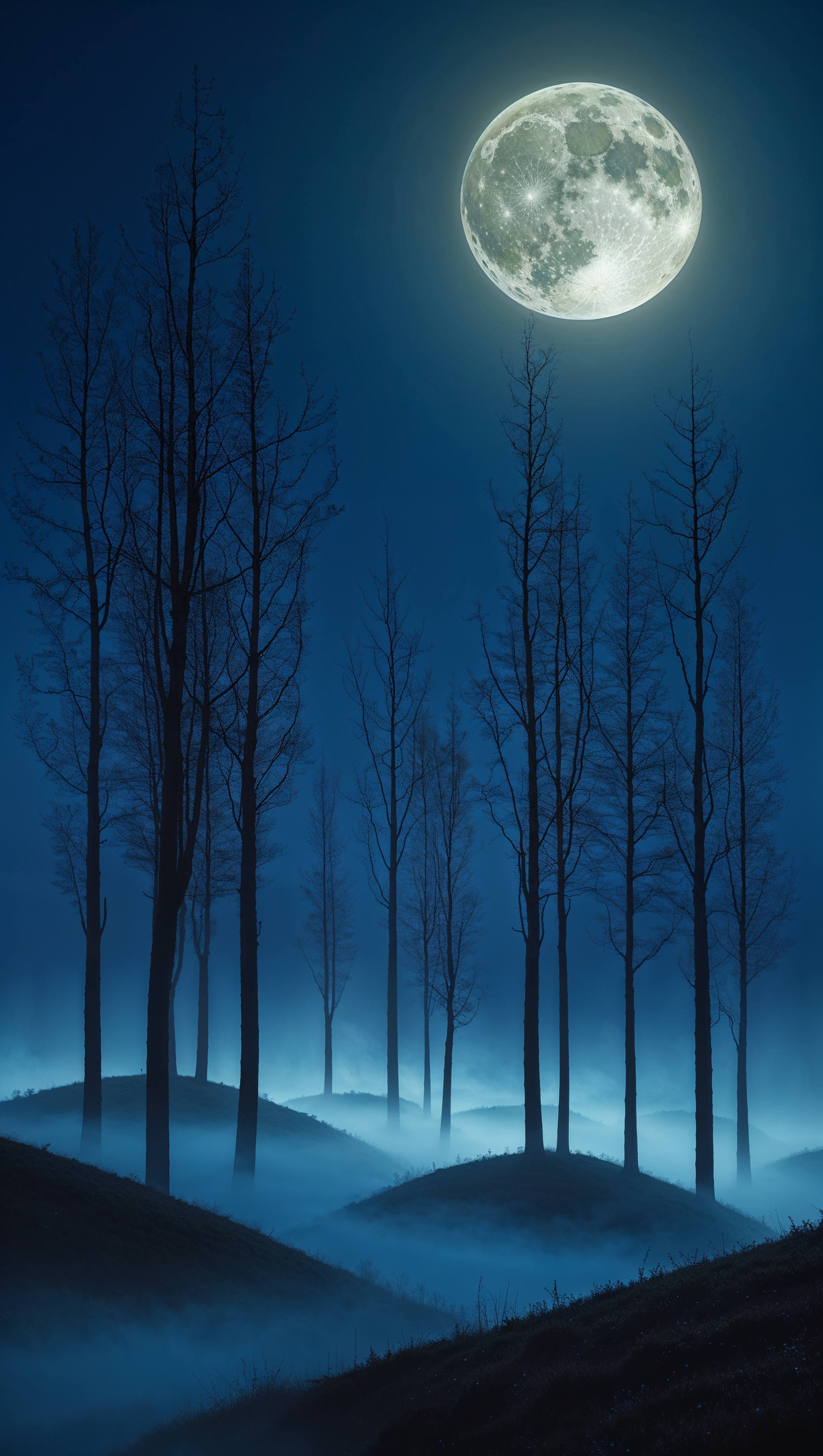 Night landscape with silhouetted trees and full moon