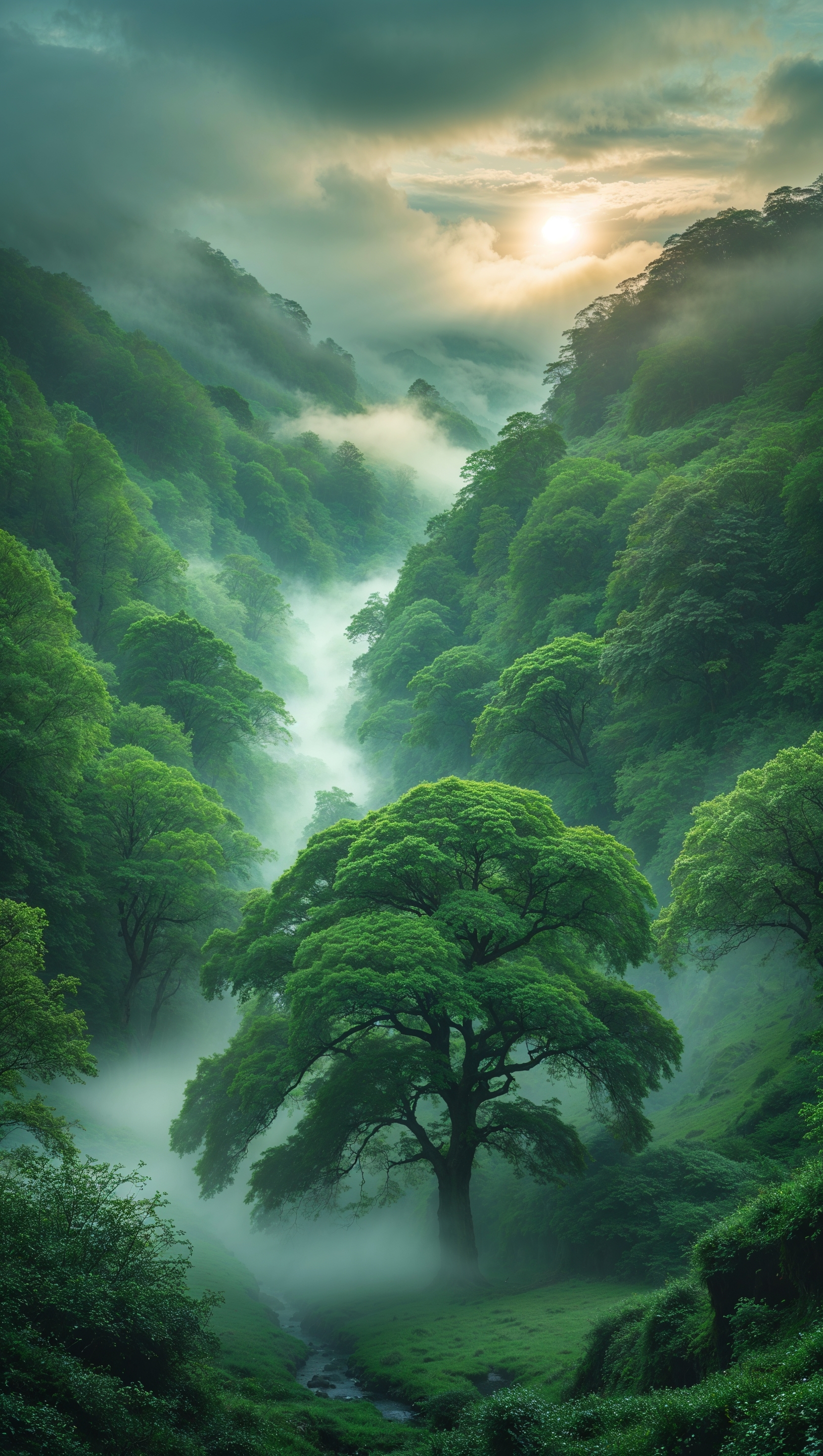 Foggy valley with lush green trees