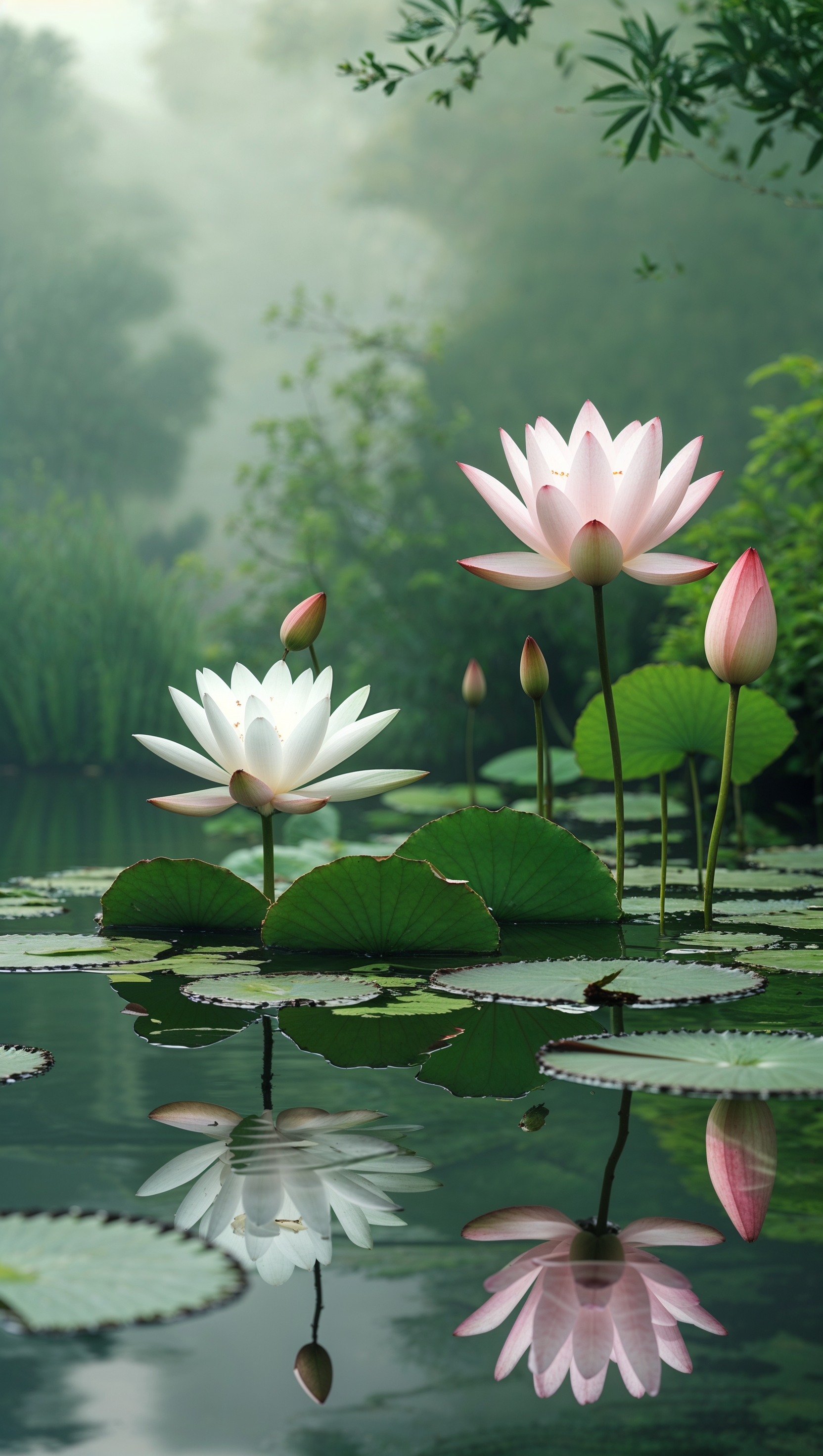 A still pond with water lilies