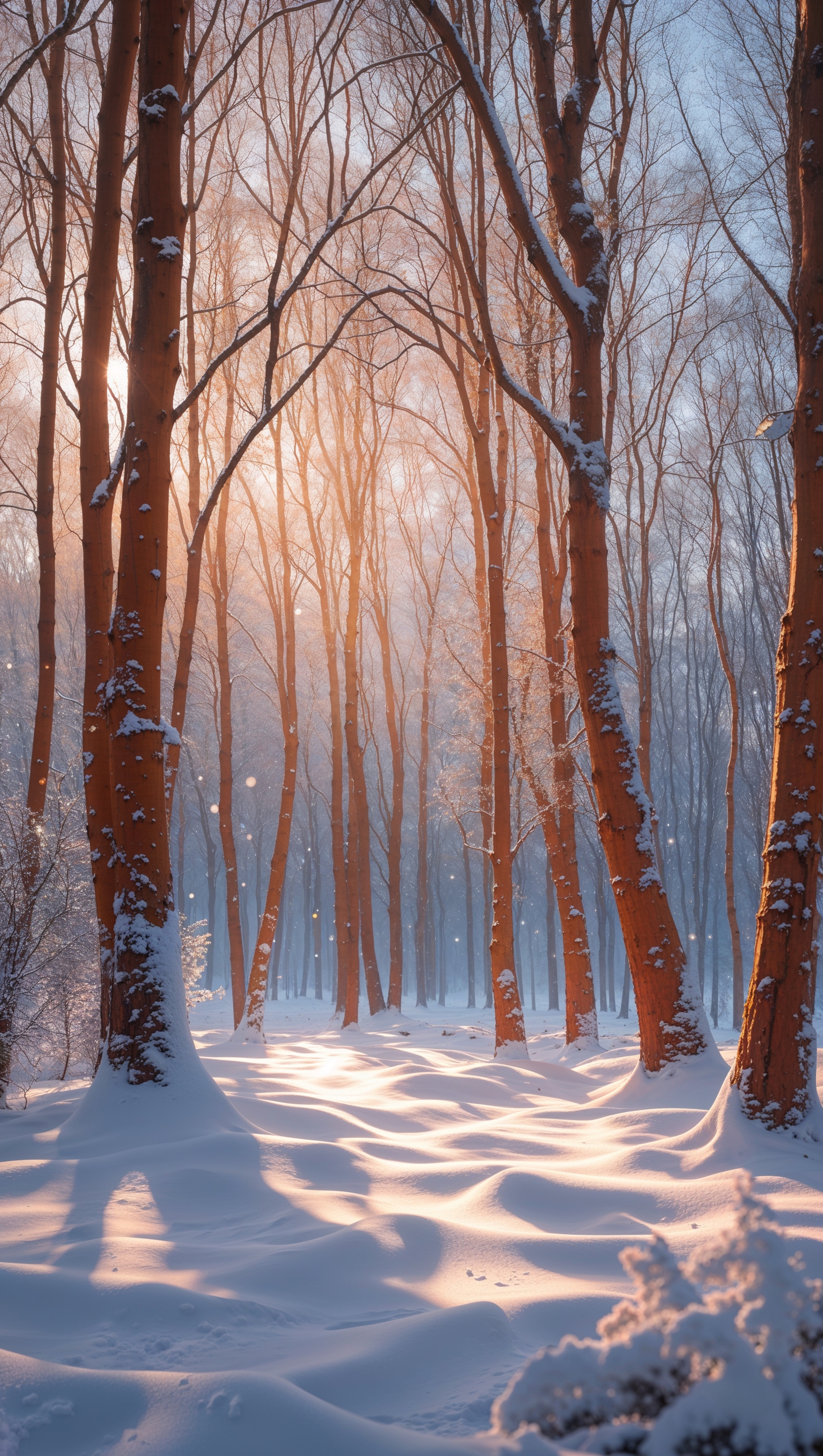 Snowy forest with sunlight through branches