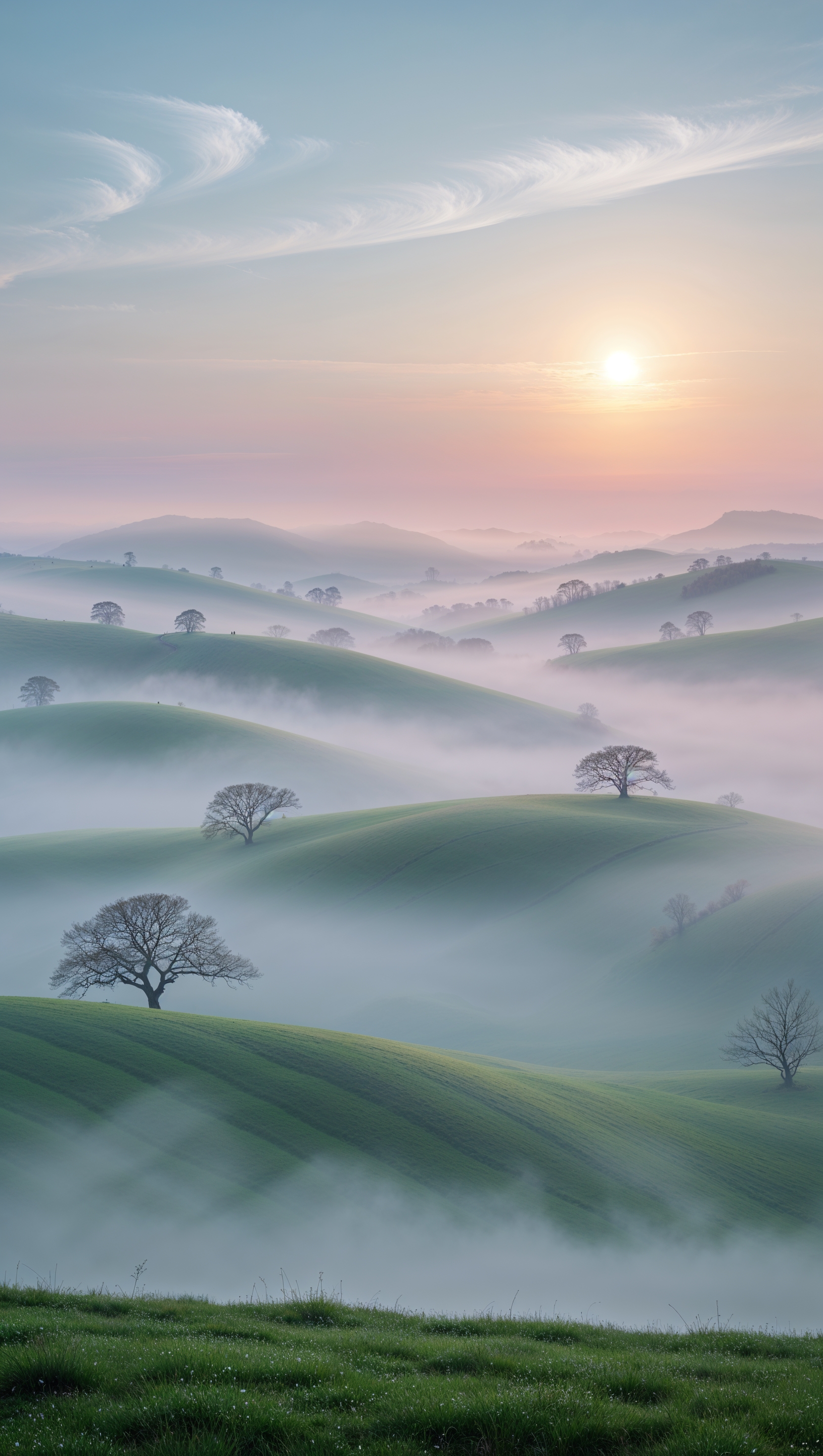 Fog over green hills in the early morning
