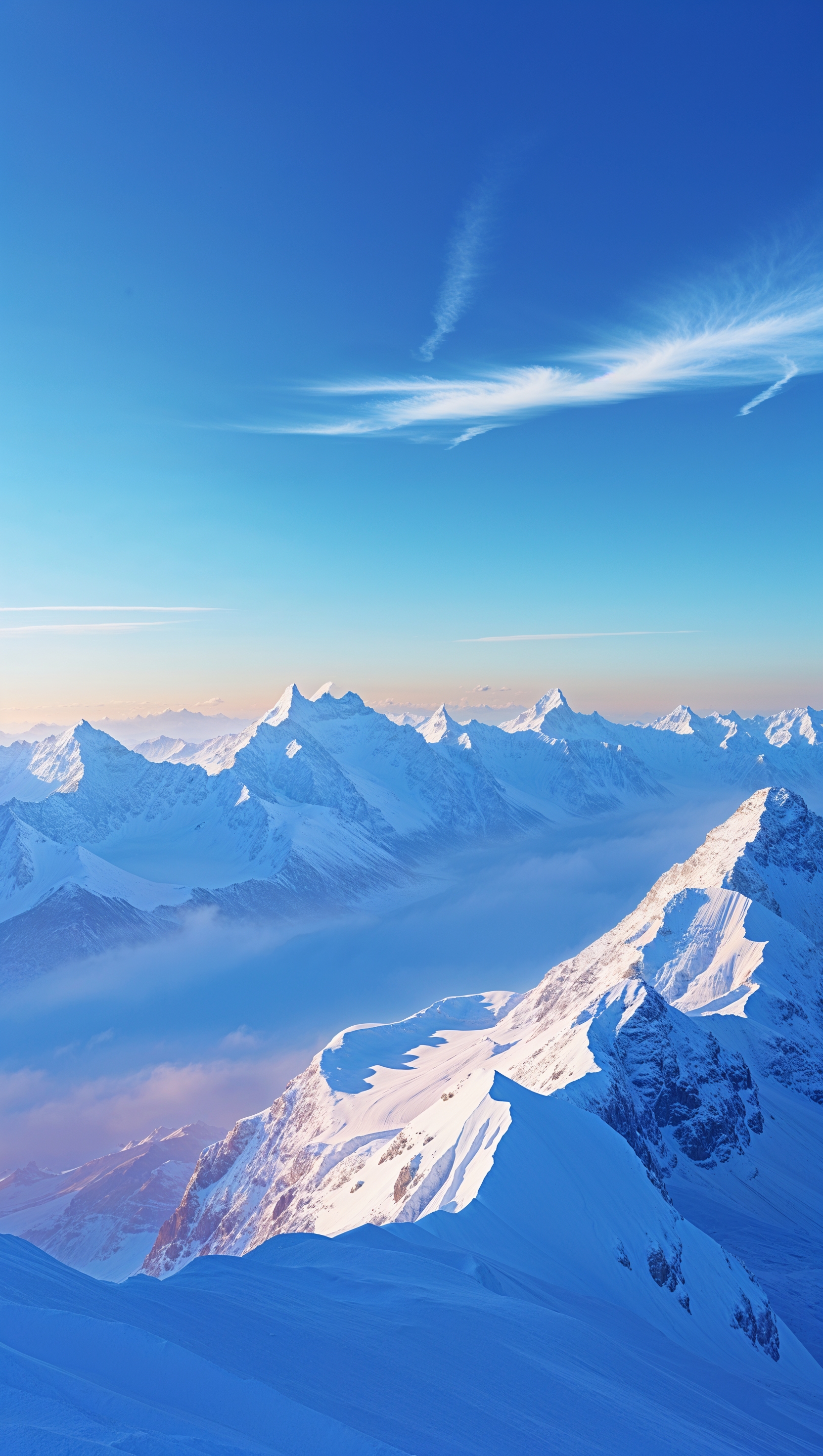Snow-covered mountains under a blue sky