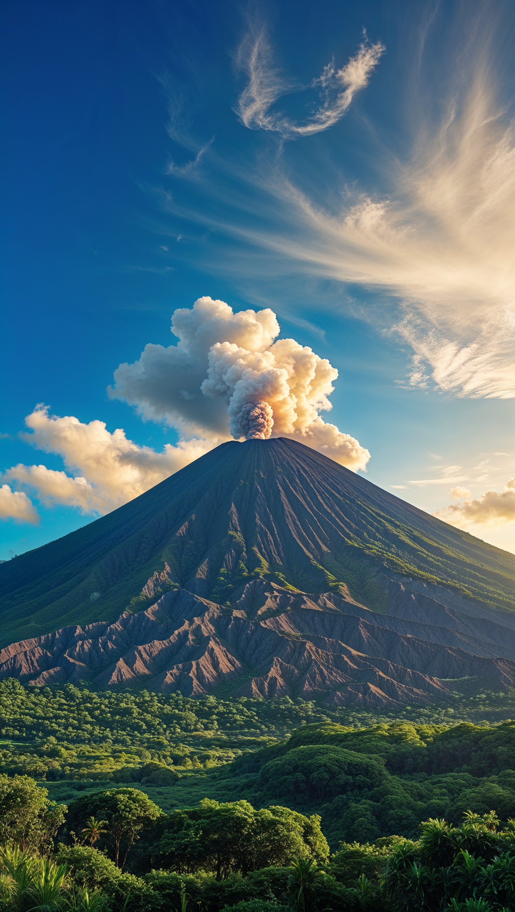 Dormant volcano with white clouds above
