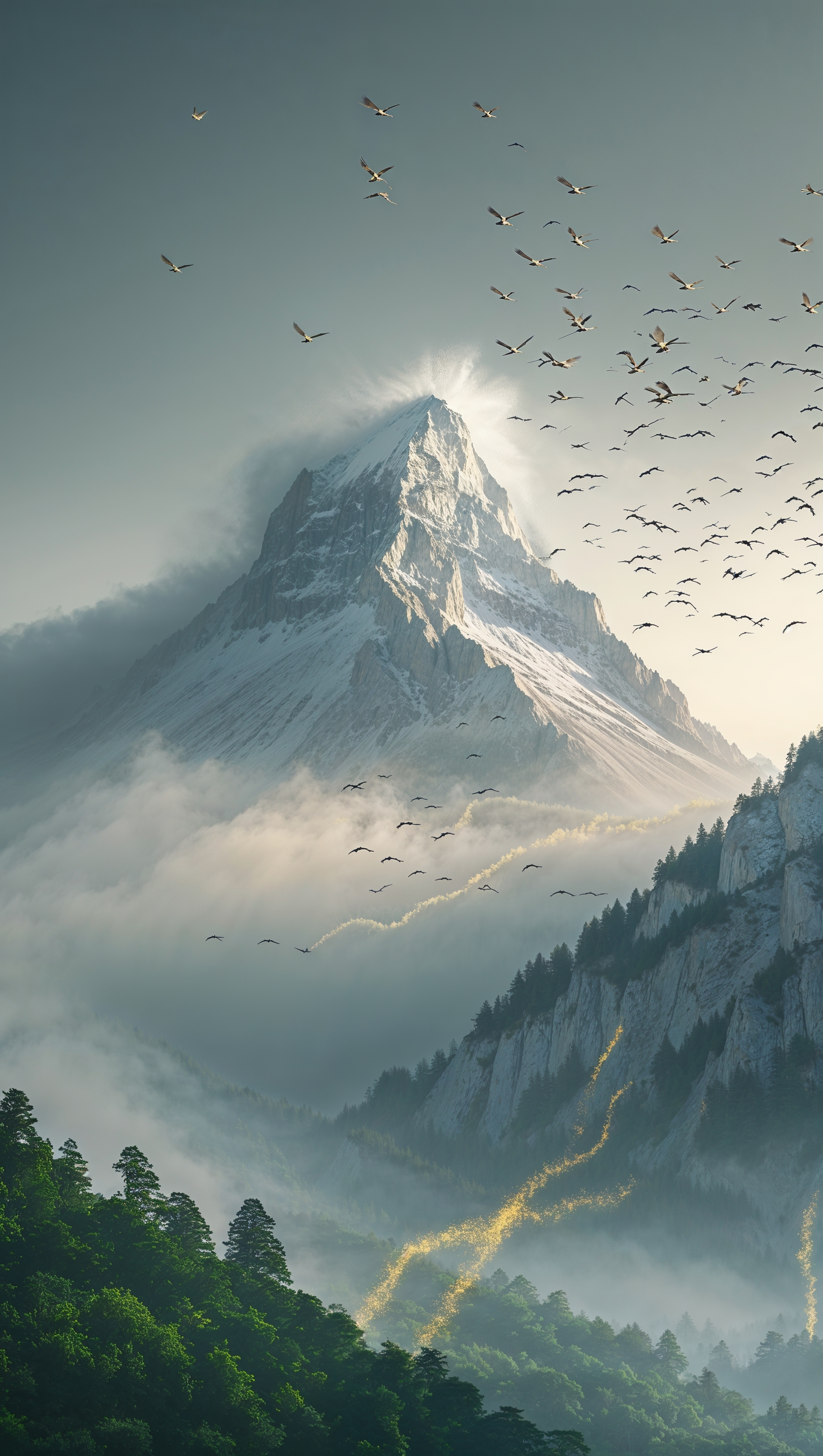 Mountain in mist with birds flying