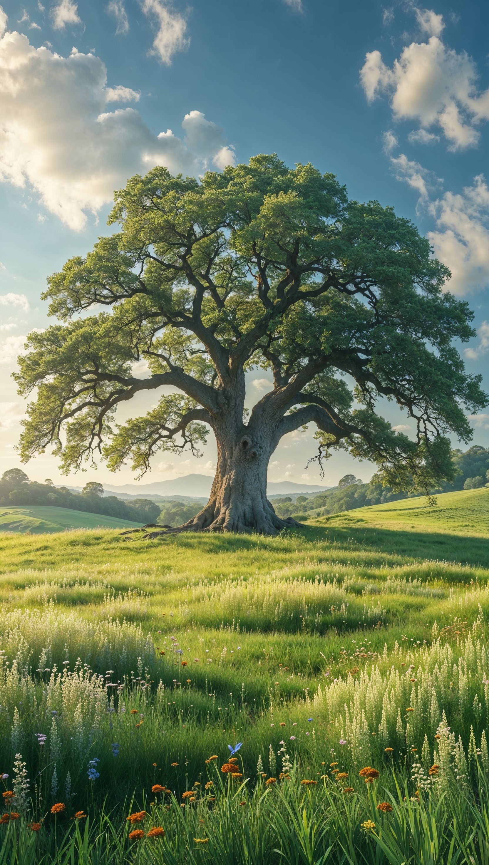 A lone tree in the middle of a green field