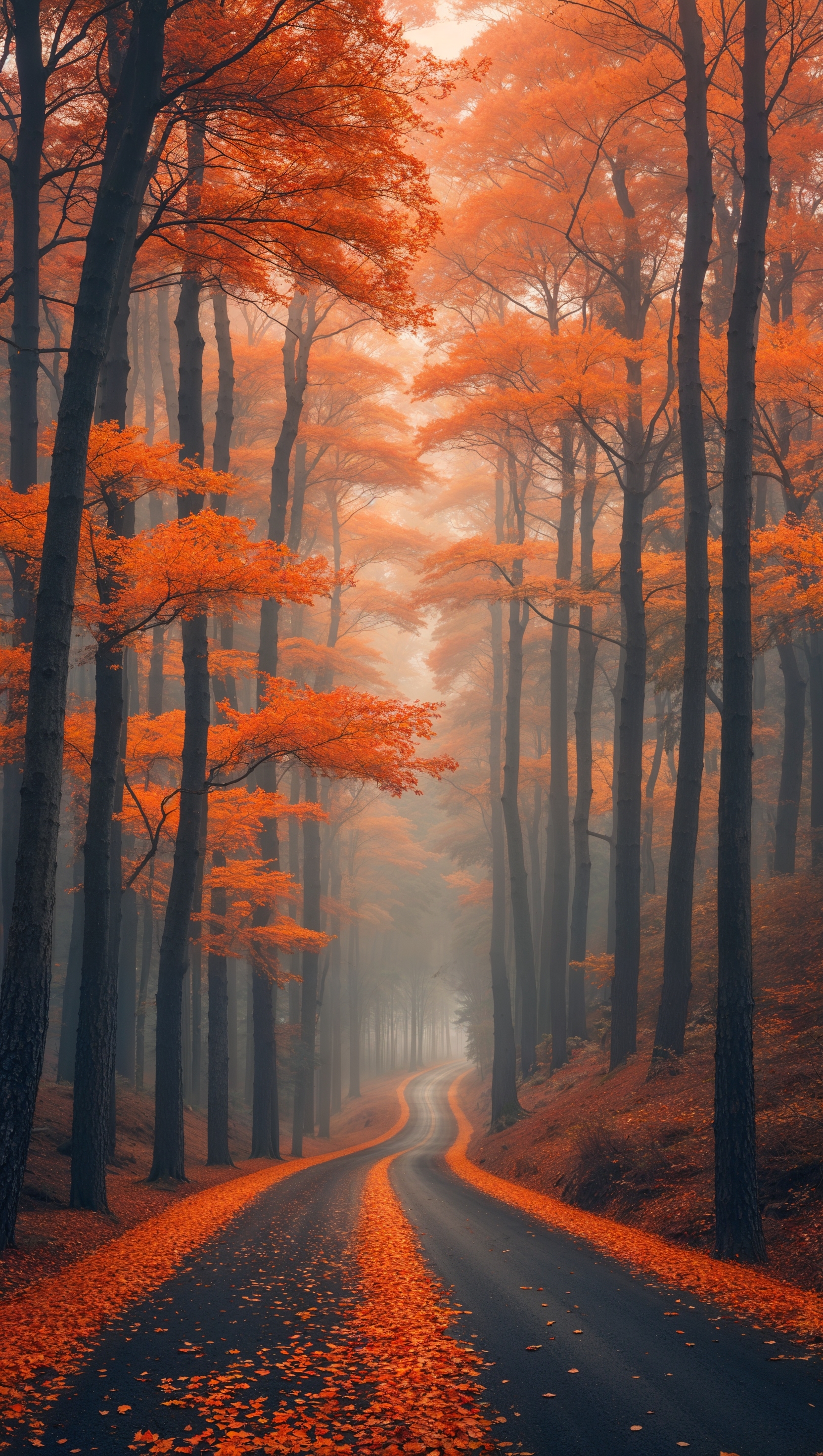 A road through an autumn forest with orange leaves