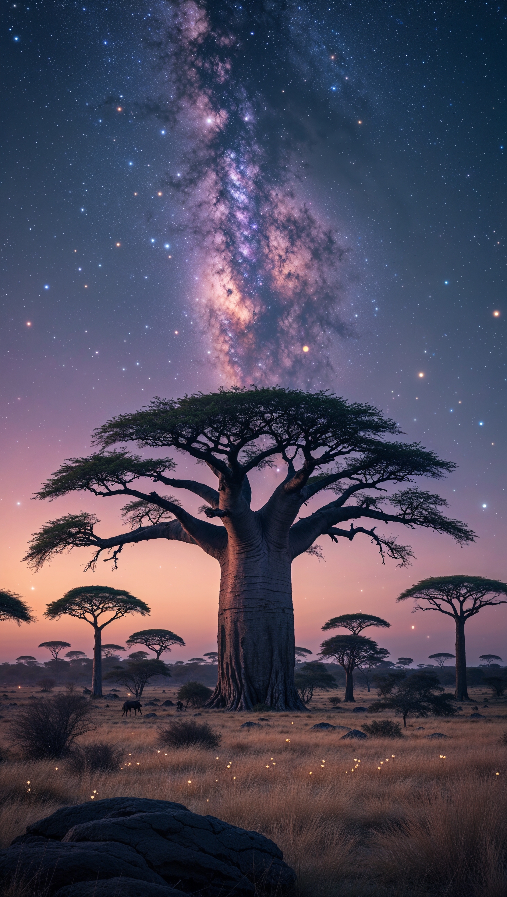 African savannah under a glowing night sky