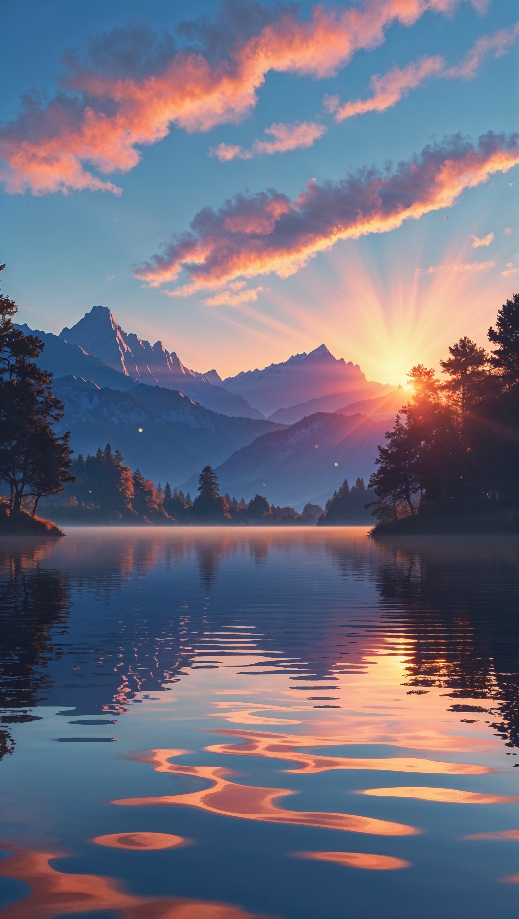 Calm lake reflecting mountains at sunset