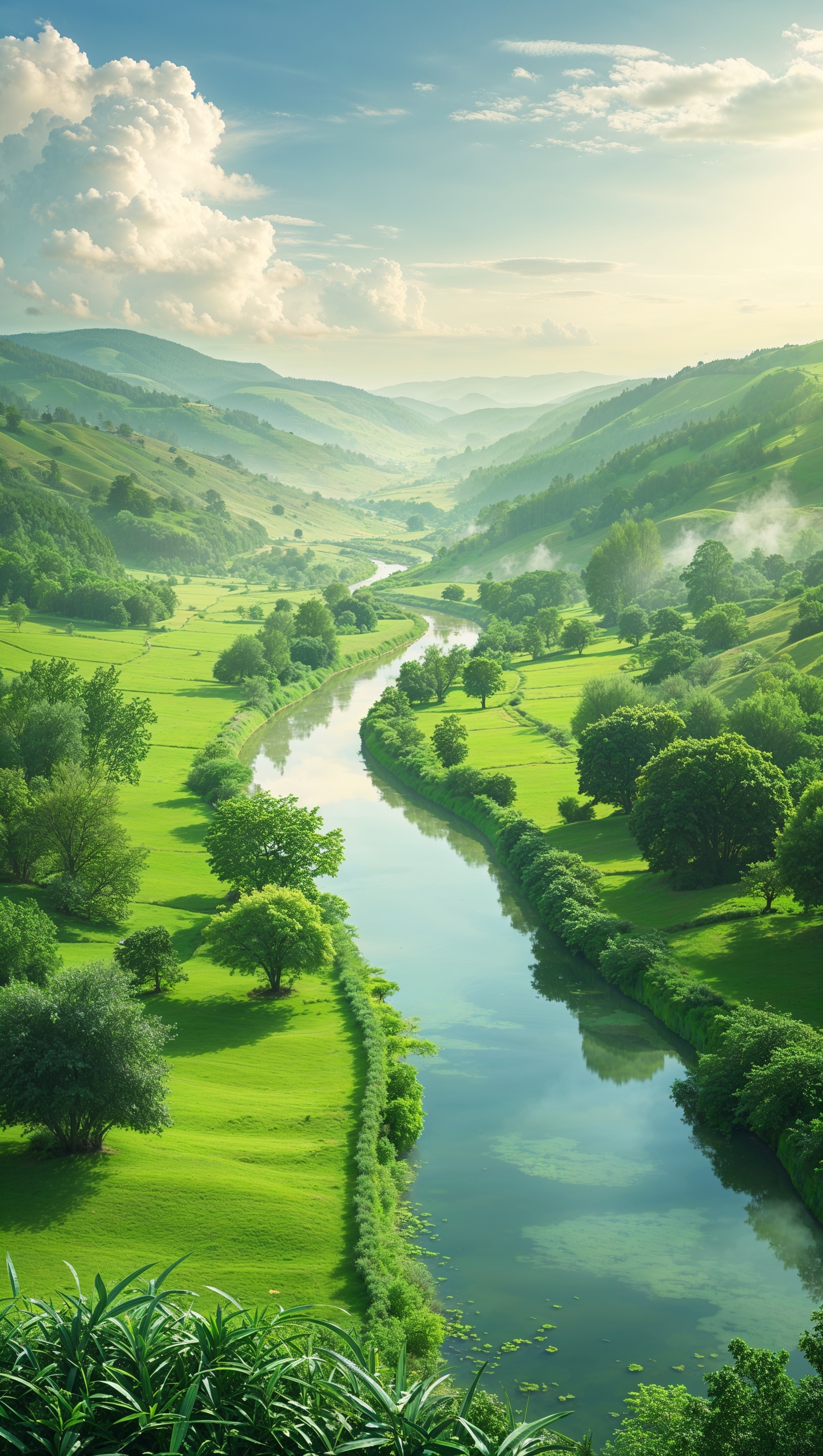 Green valley with a winding river