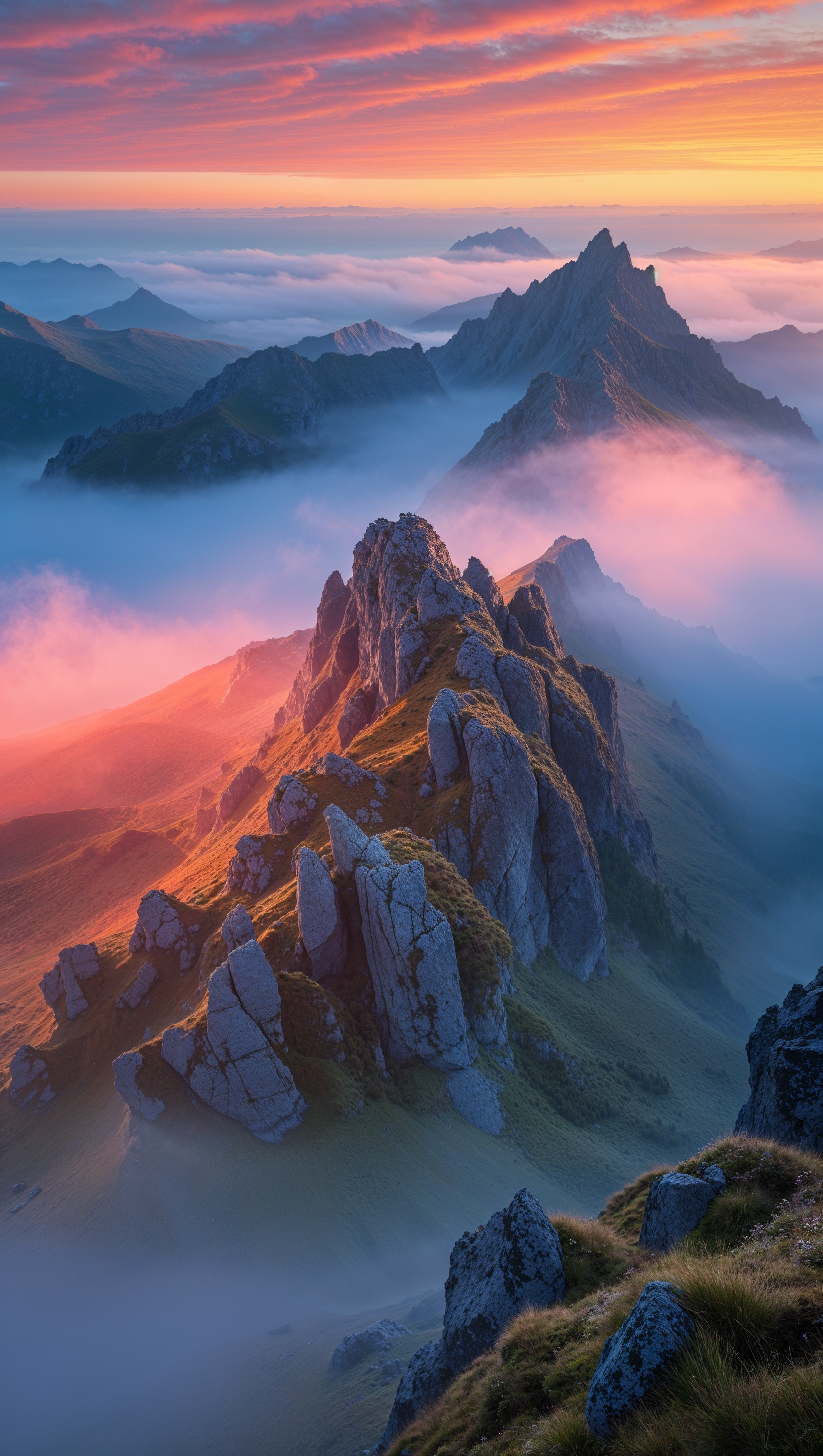 Mountain landscape at sunrise with light mist