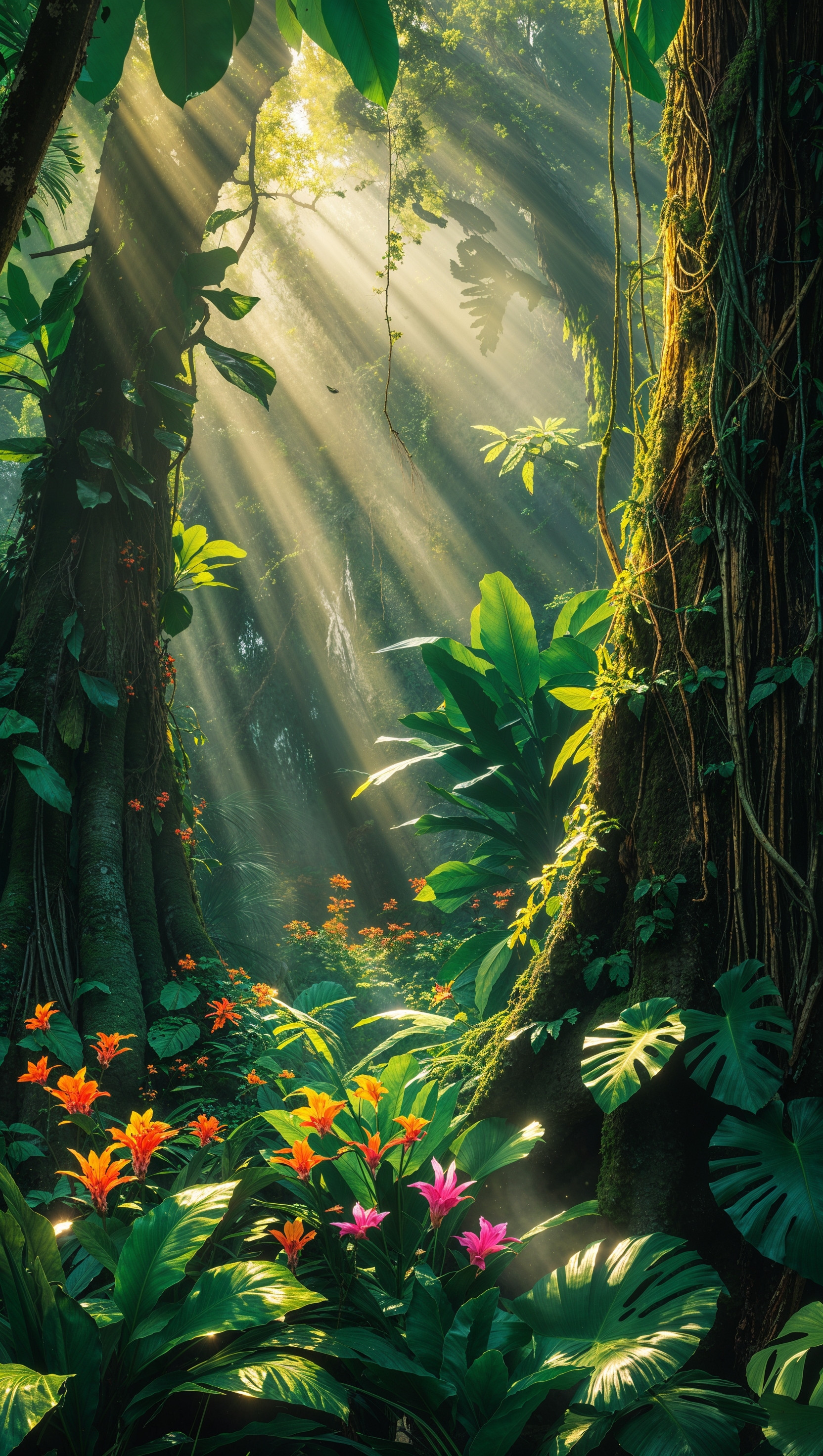 Tropical rainforest with sunlight filtering through leaves