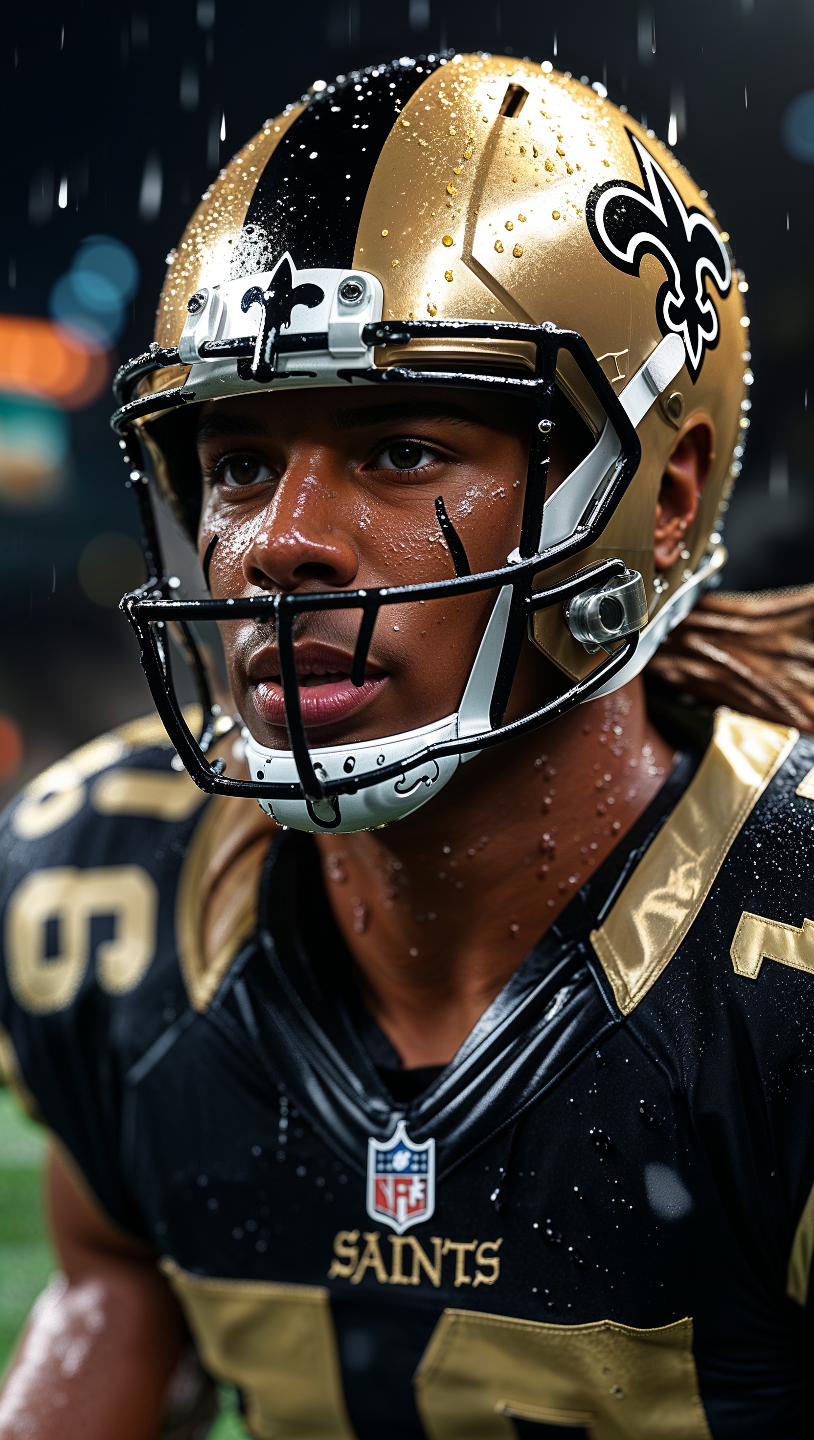 New Orleans Saints player in action with a dark blurred background