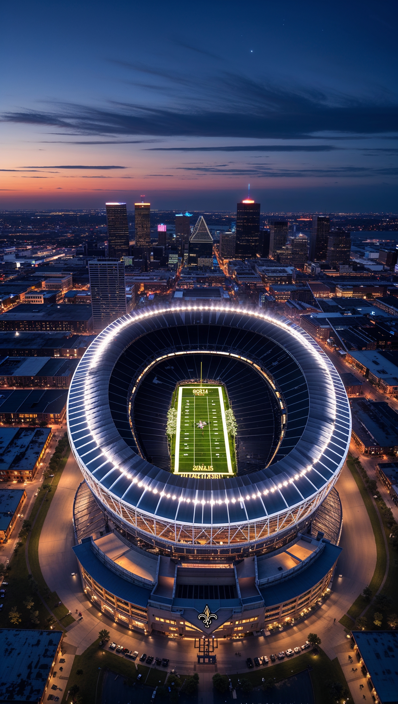 Aerial view of New Orleans Saints stadium at night