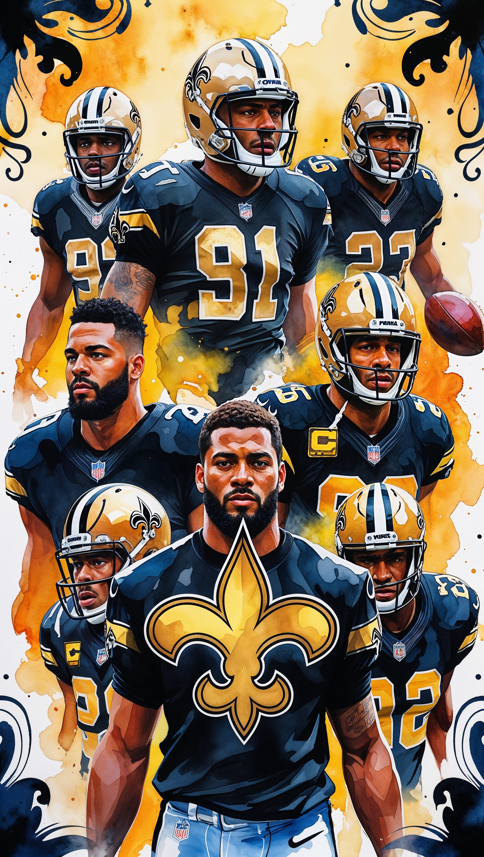 Watercolor art of the New Orleans Saints team