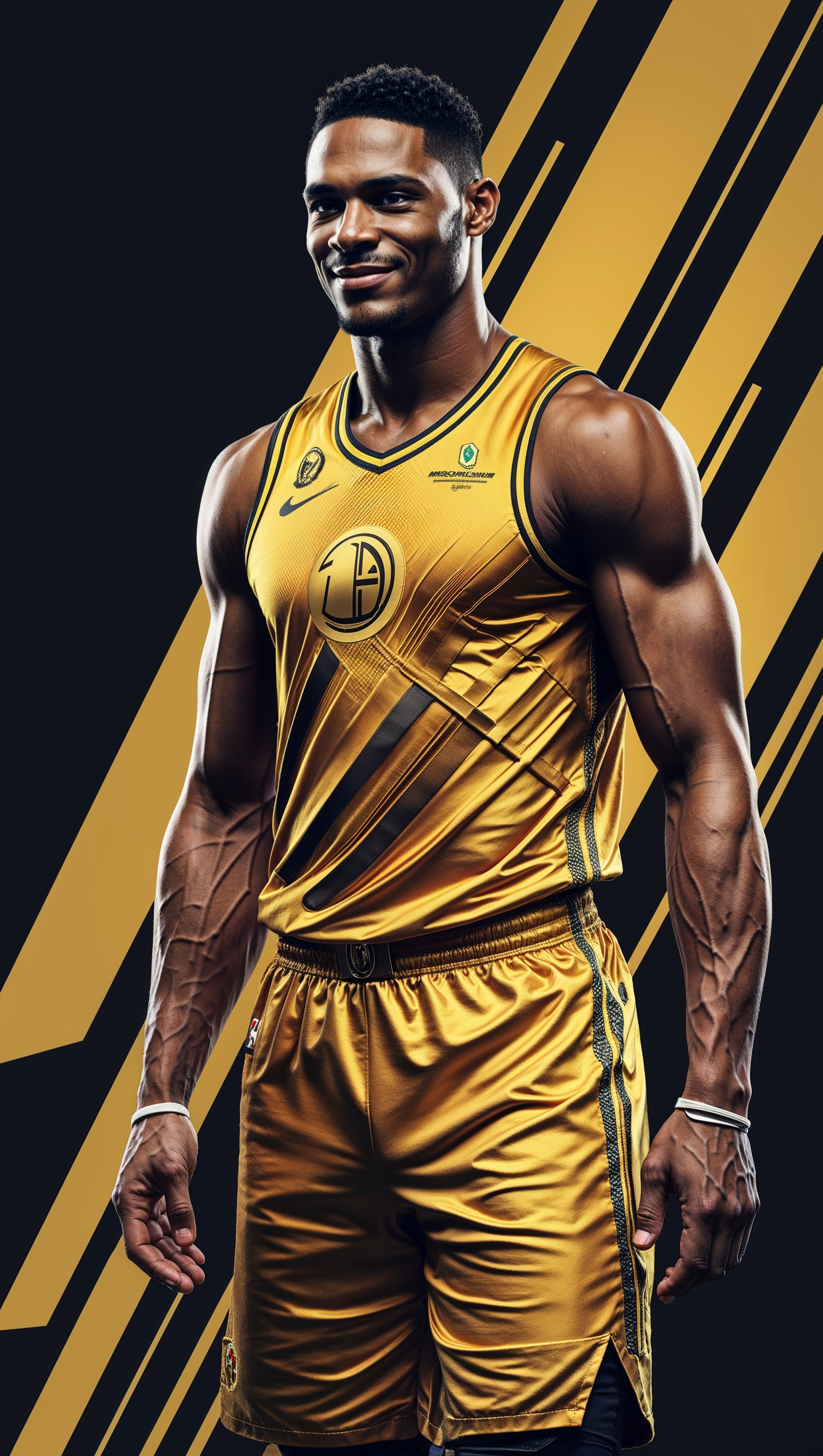 Graphic design of a player in gold team uniform