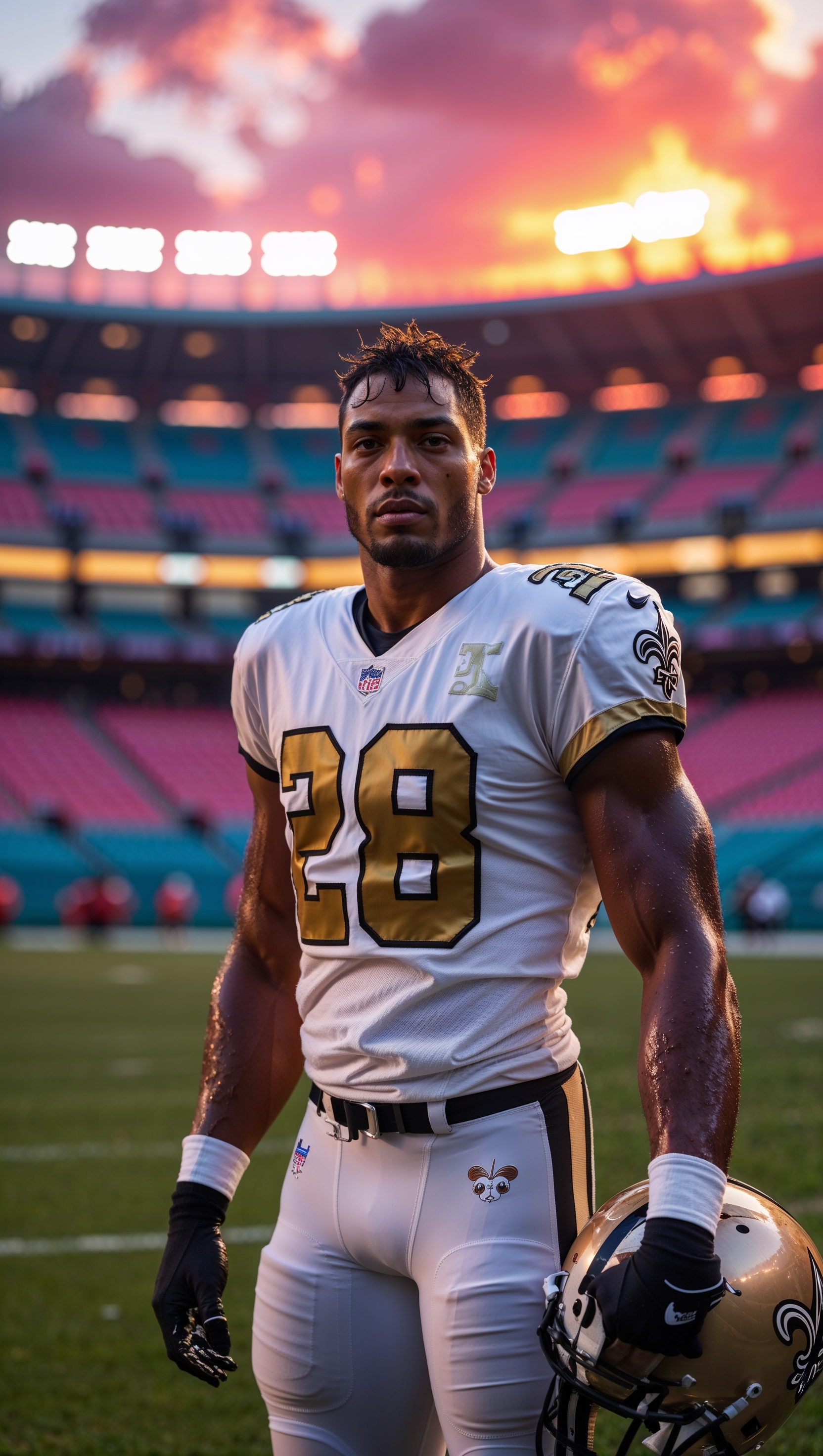 Player in New Orleans Saints uniform at sunset in the stadium