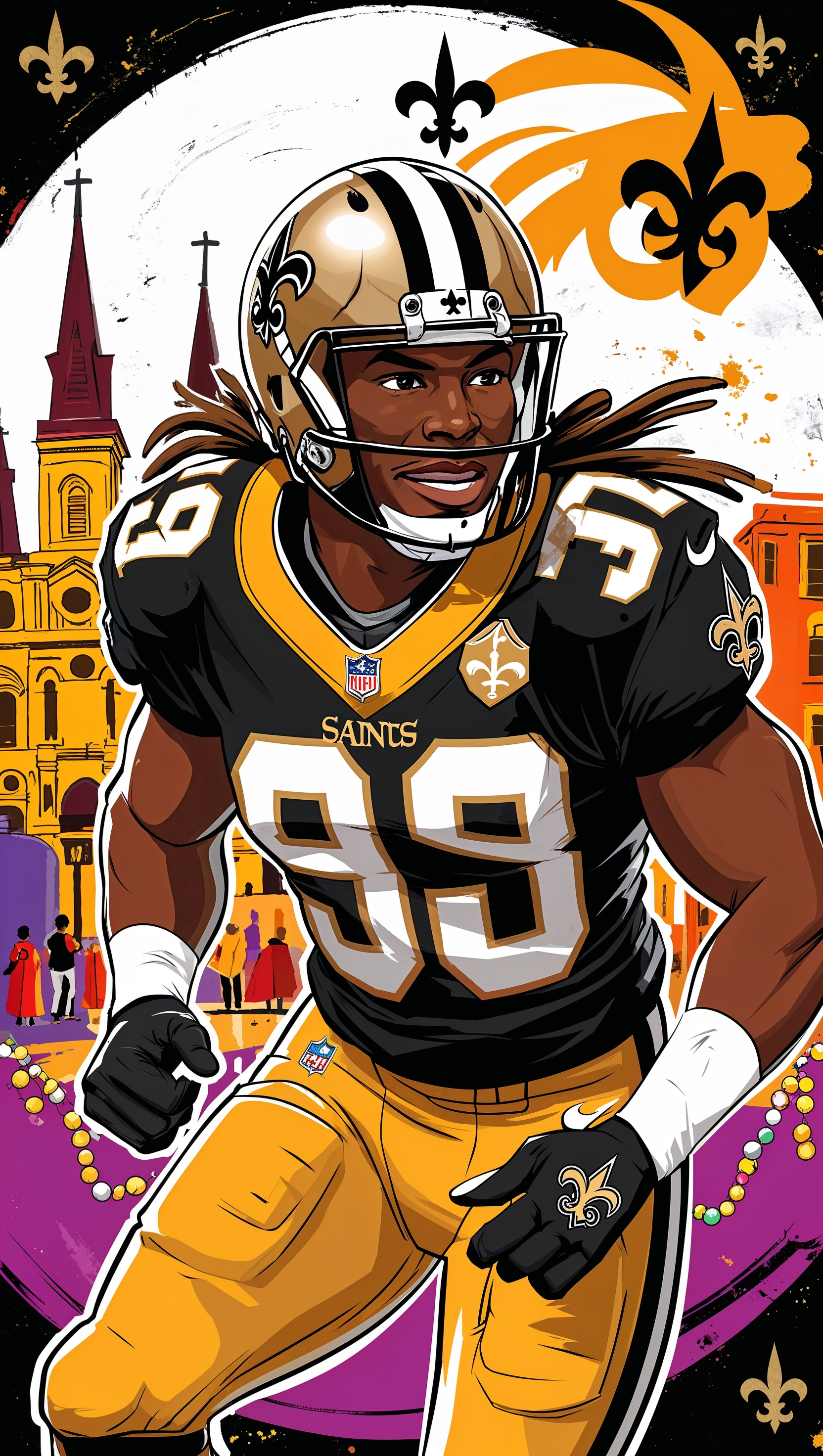 Cartoon-style design of a New Orleans Saints player