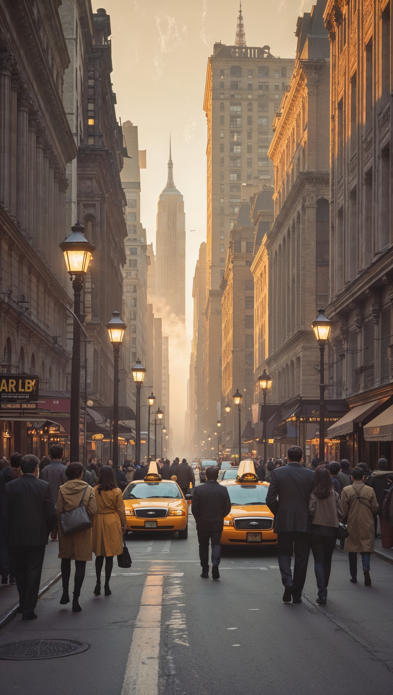 Vintage-style New York City street scene, soft film grain effect
