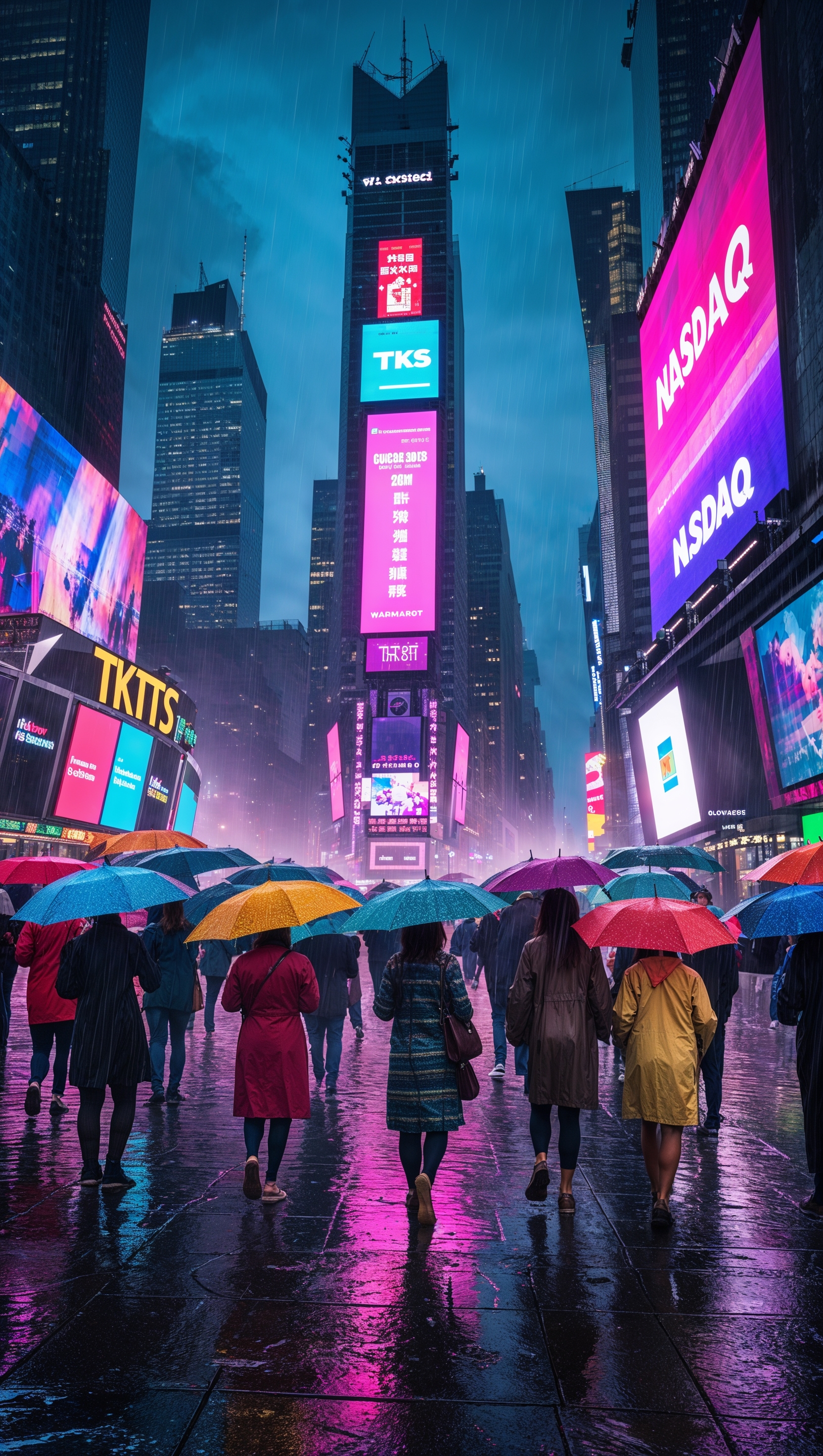 Rainy night in Times Square with neon reflections on wet streets