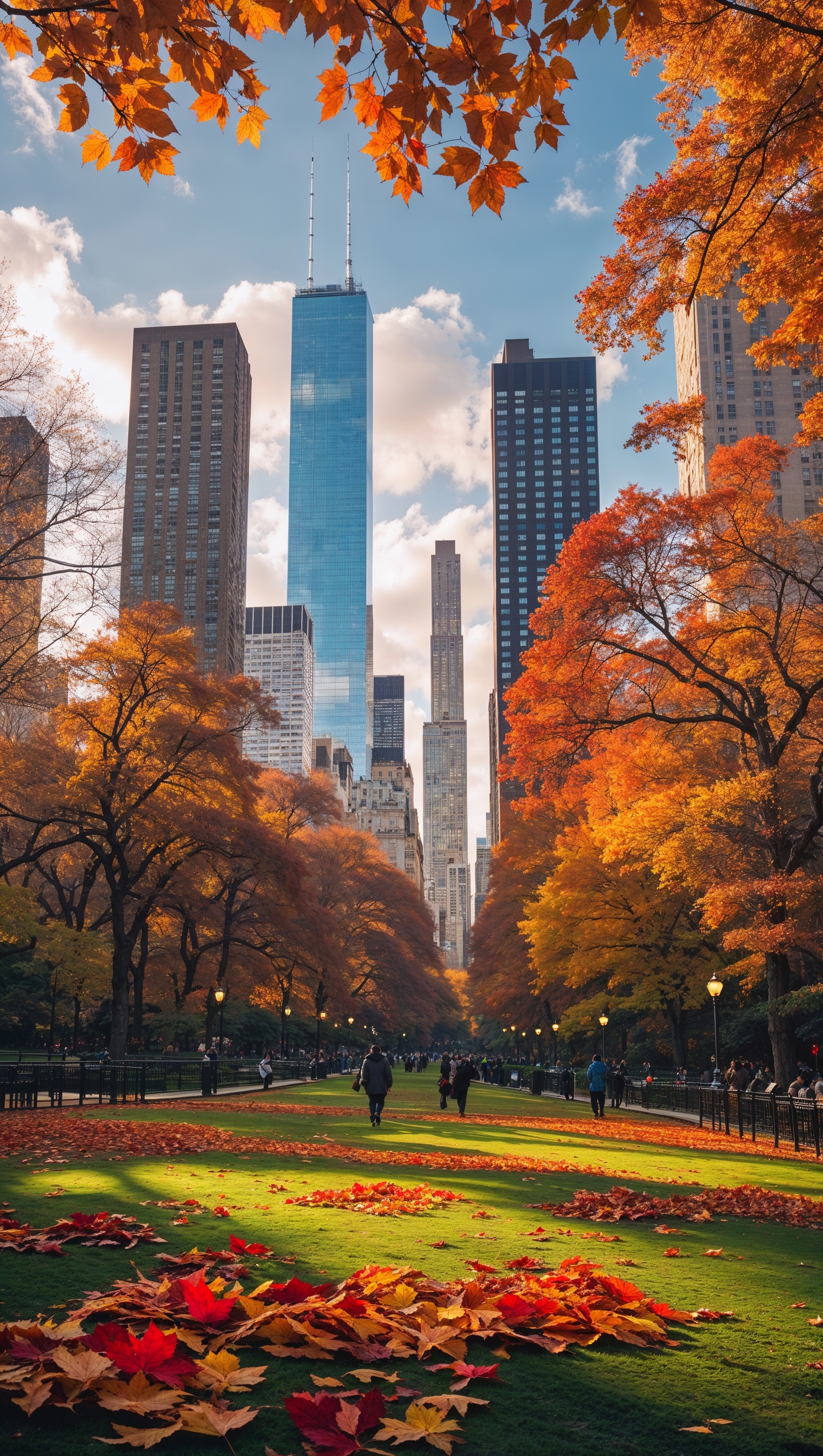Autumn leaves in Central Park with skyscrapers in the background