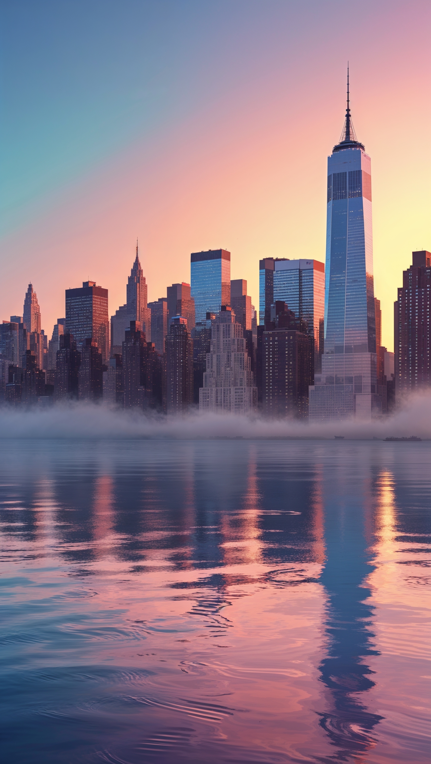 Manhattan skyline reflected in water at dusk, cinematic look