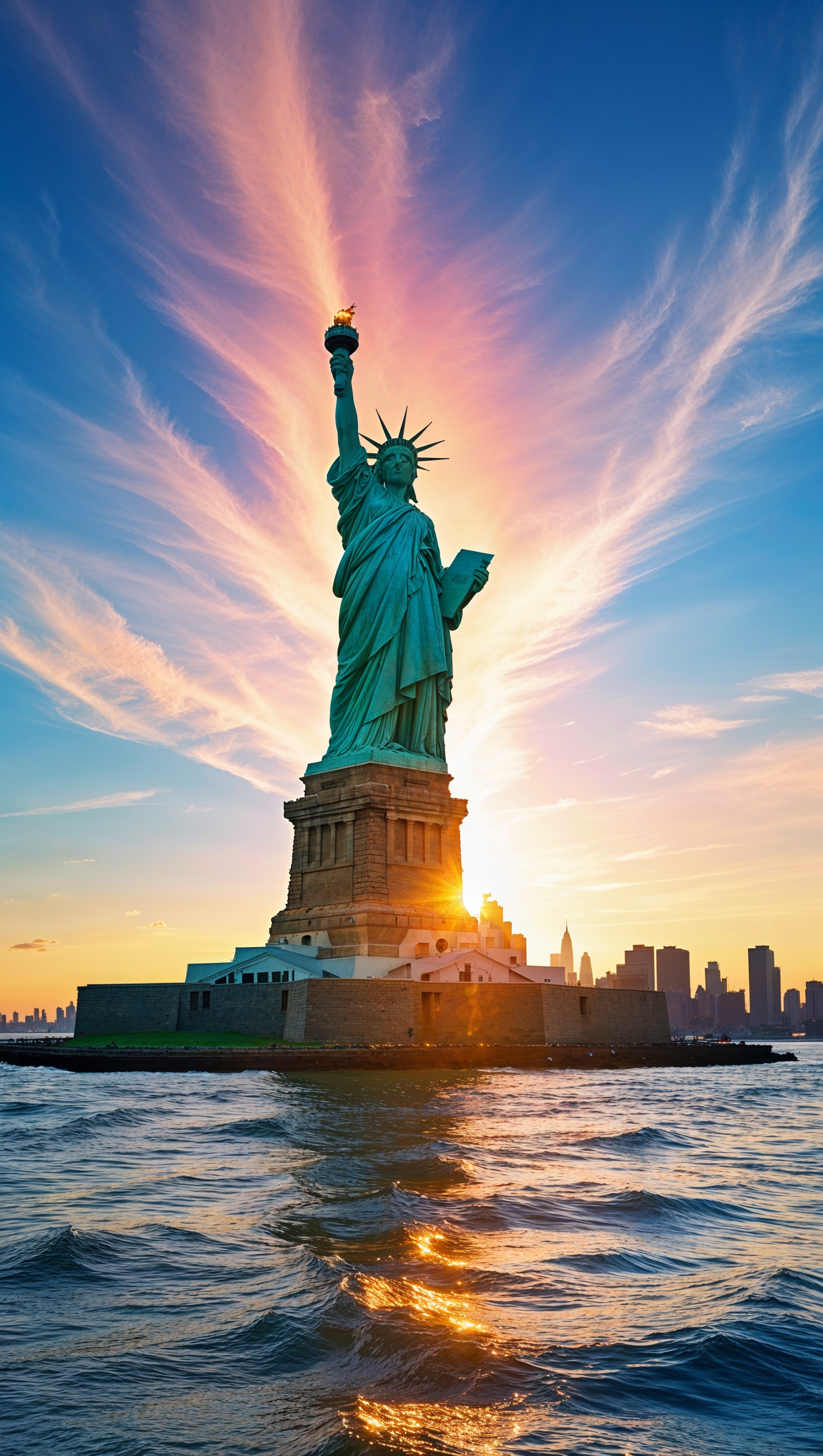 Sunrise over Statue of Liberty, peaceful and colorful