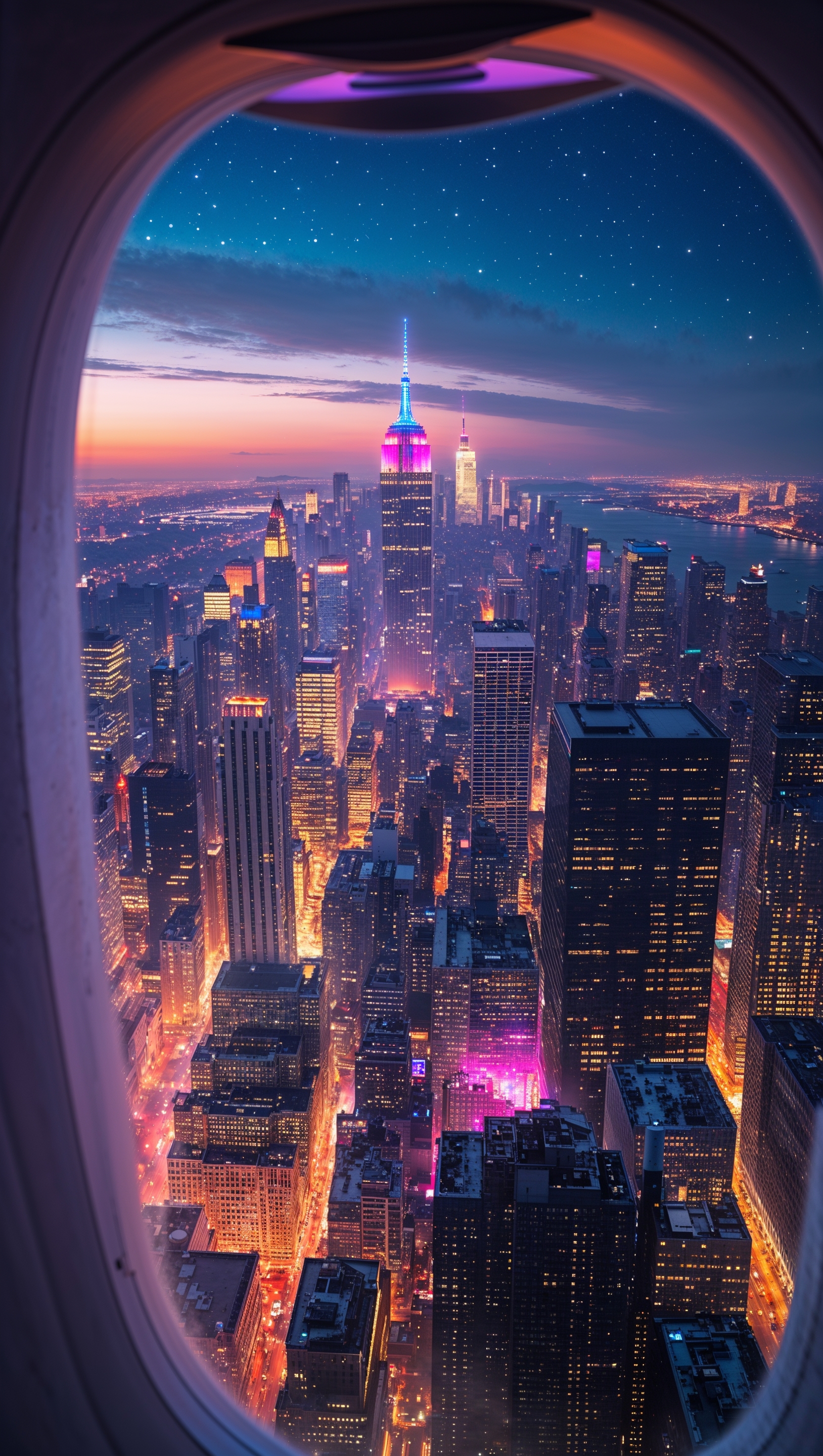 Night lights of NYC seen from an airplane window