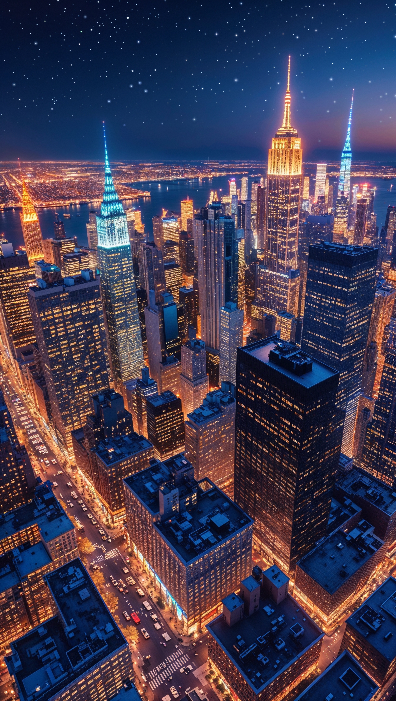 New York at night from above, lights glowing like stars