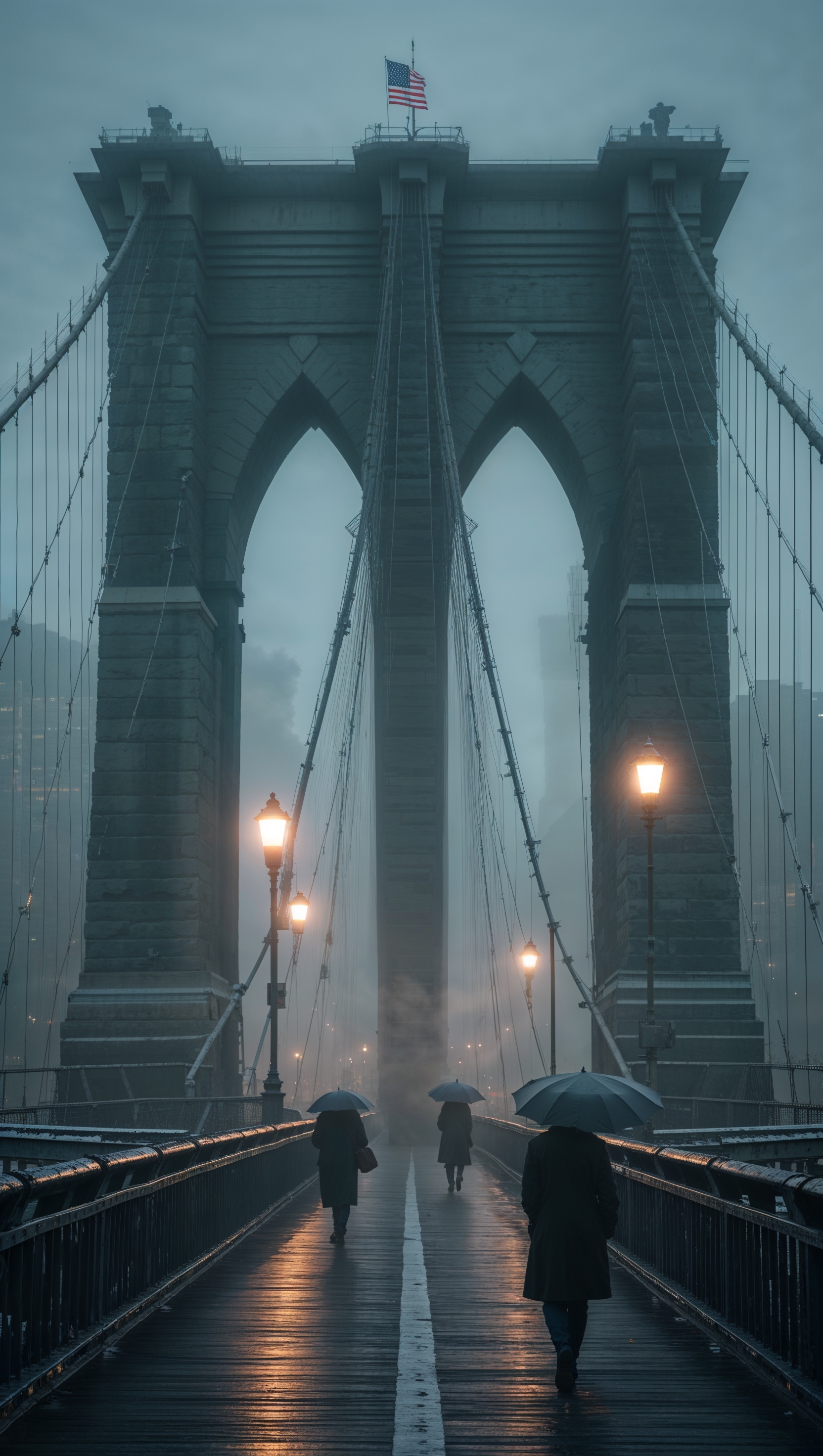 Foggy morning on the Brooklyn Bridge, moody atmosphere