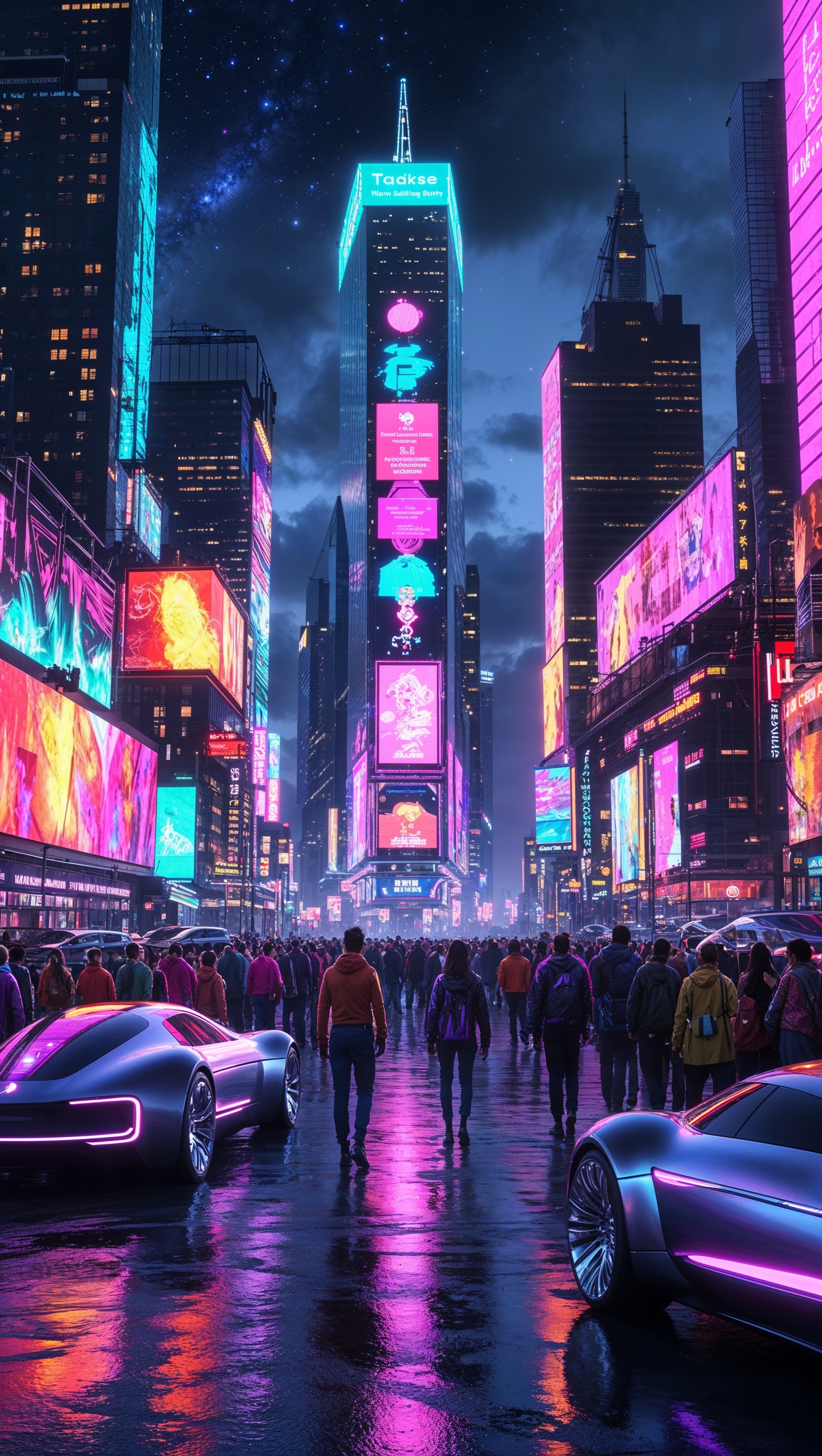 Cyberpunk-style Times Square at night, glowing billboards