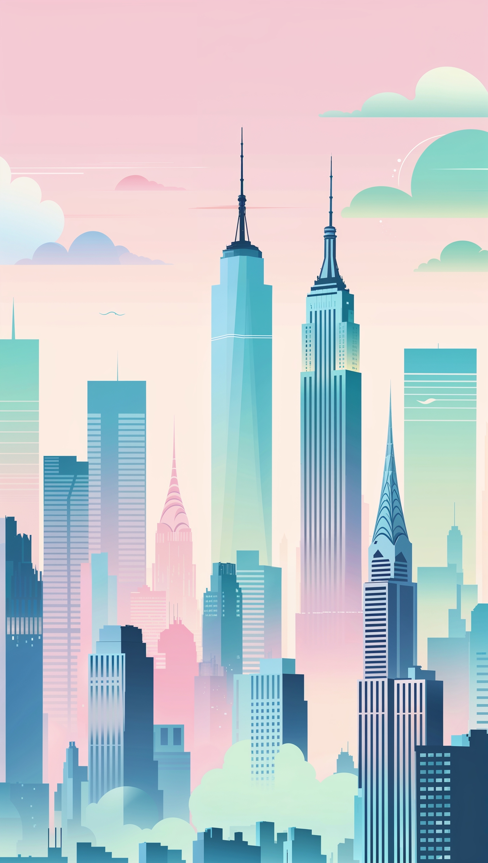 Flat vector illustration of NYC skyline with pastel colors