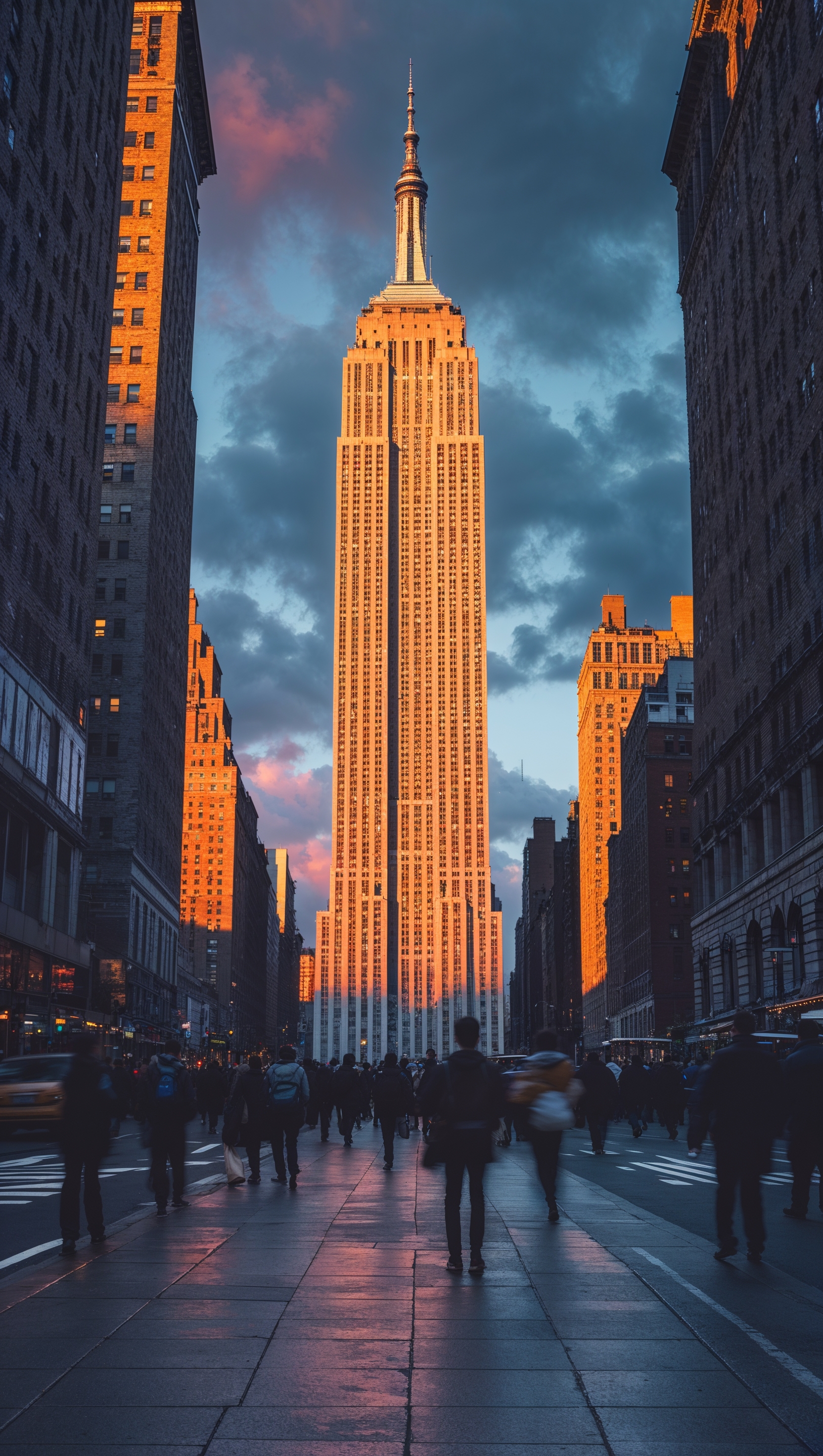 Empire State Building seen from street level, moody sunset