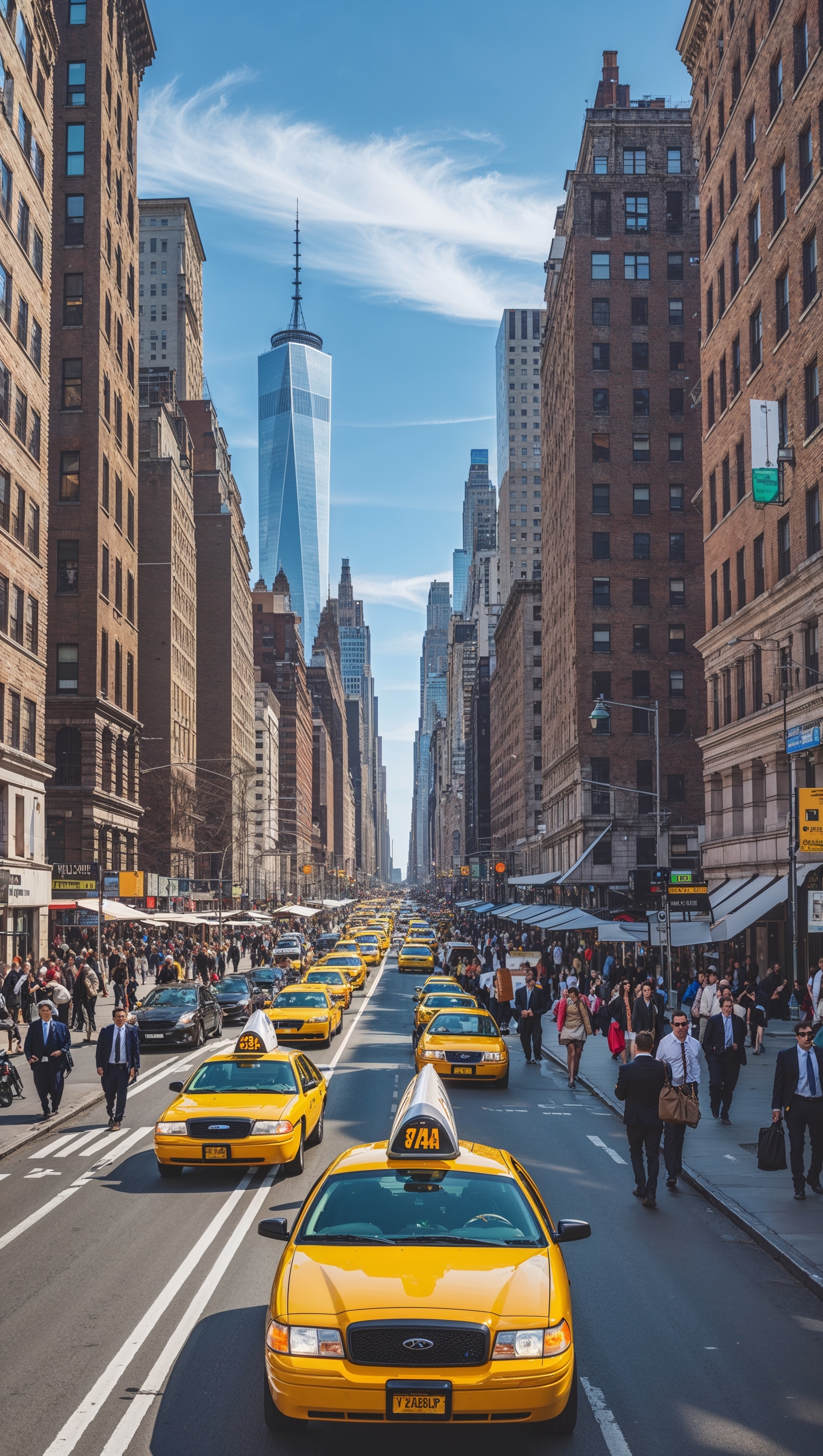 New York street with yellow cabs and tall buildings, sunny day